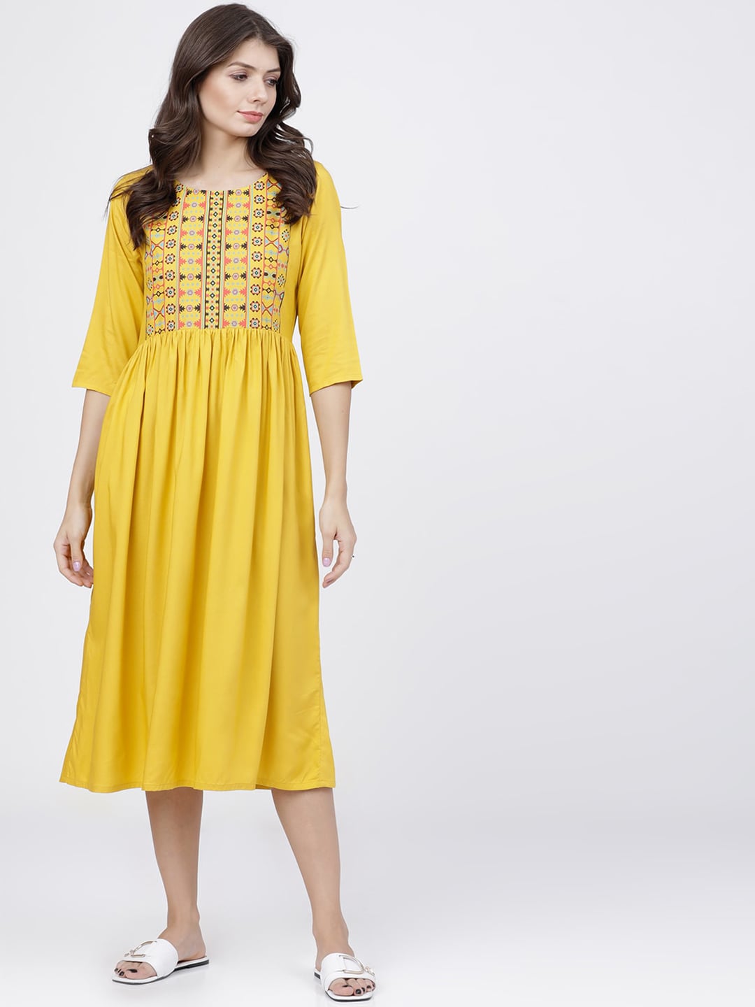 Vishudh Women Mustard Self Design A-Line Dress