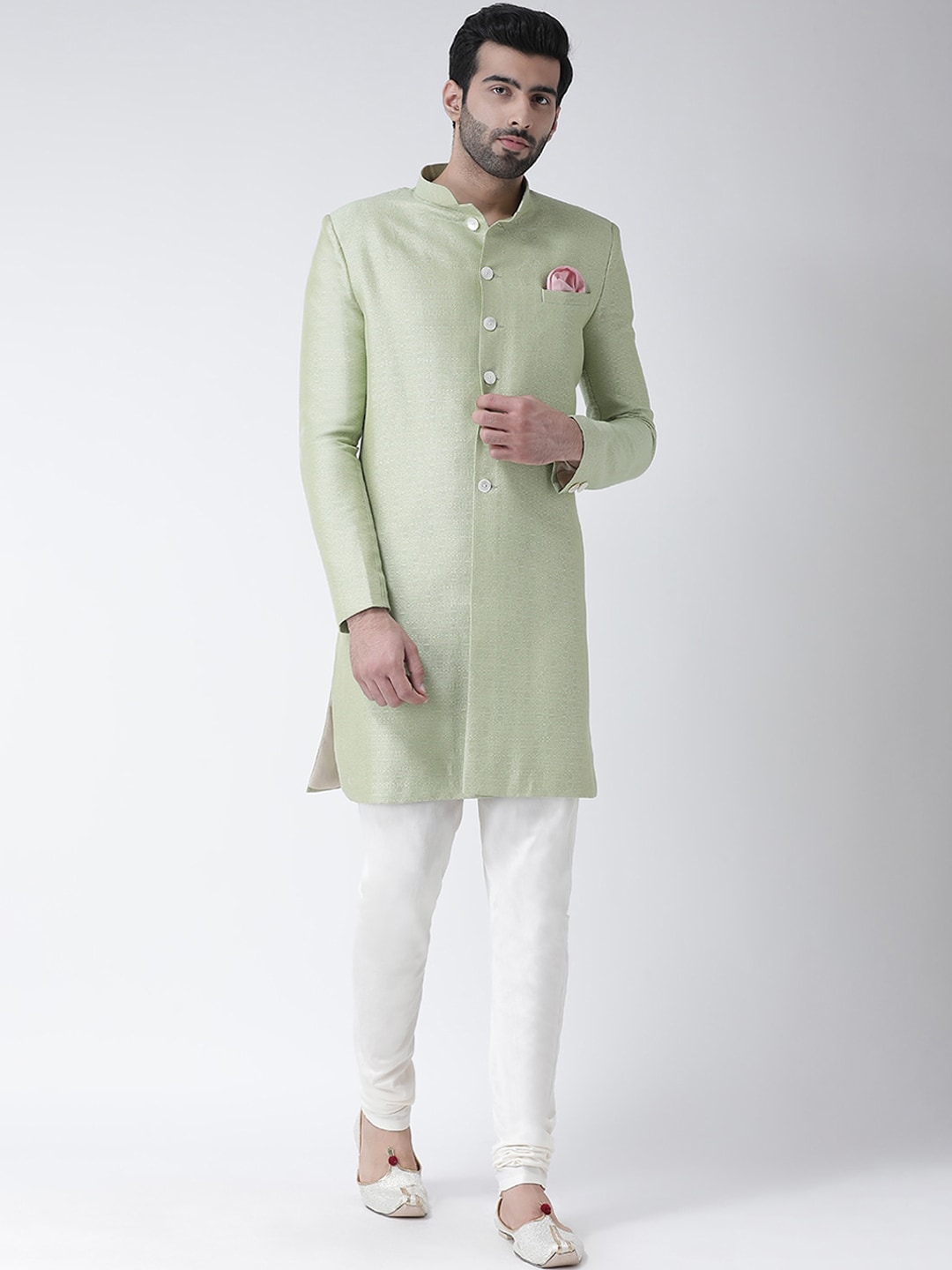 KISAH Men Green & White Self-Design Sherwani Set