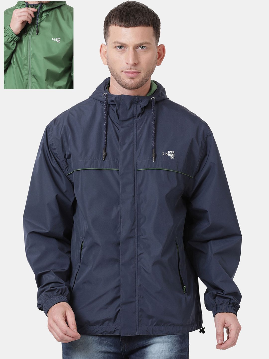t-base Men Blue & Green Solid Waterproof Reversible Rain Jacket-picture-17