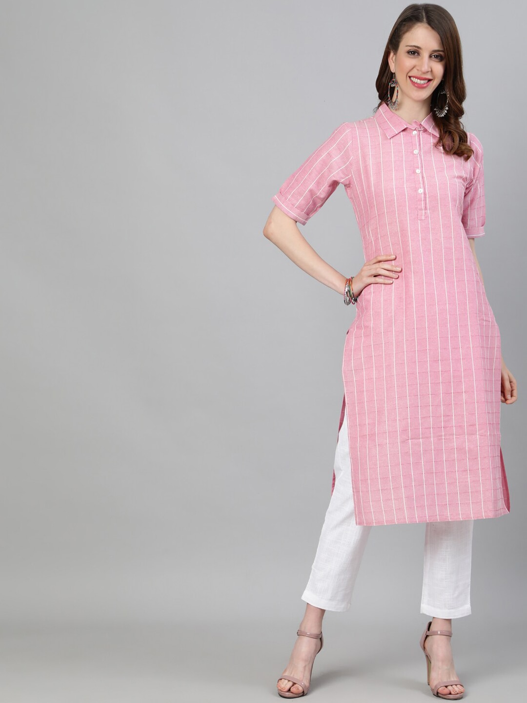 Jaipur Kurti Women Pink & White Striped Kurta with Trousers