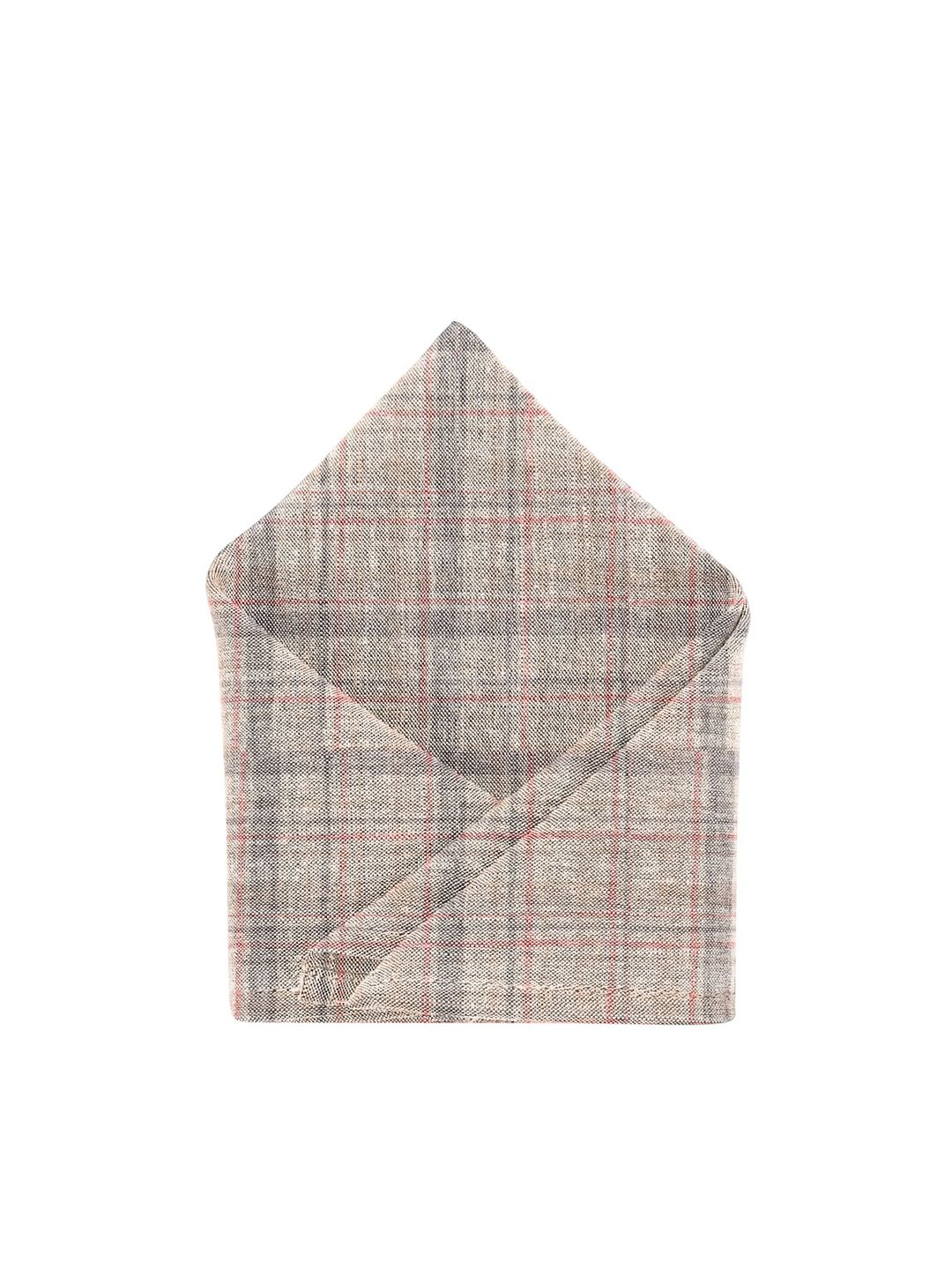 Blacksmith Men Beige & Red Checked Linen Pocket Square-picture-13