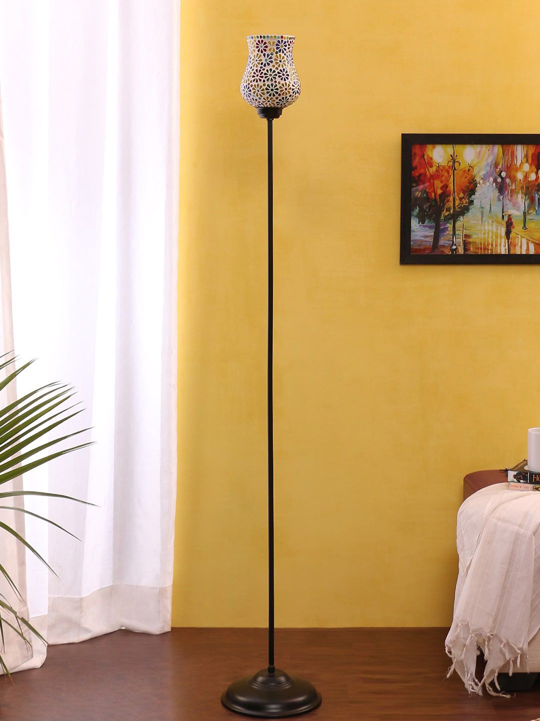 Devansh White & Red Textured Traditional Torchiere Lamp with Shade-picture-23