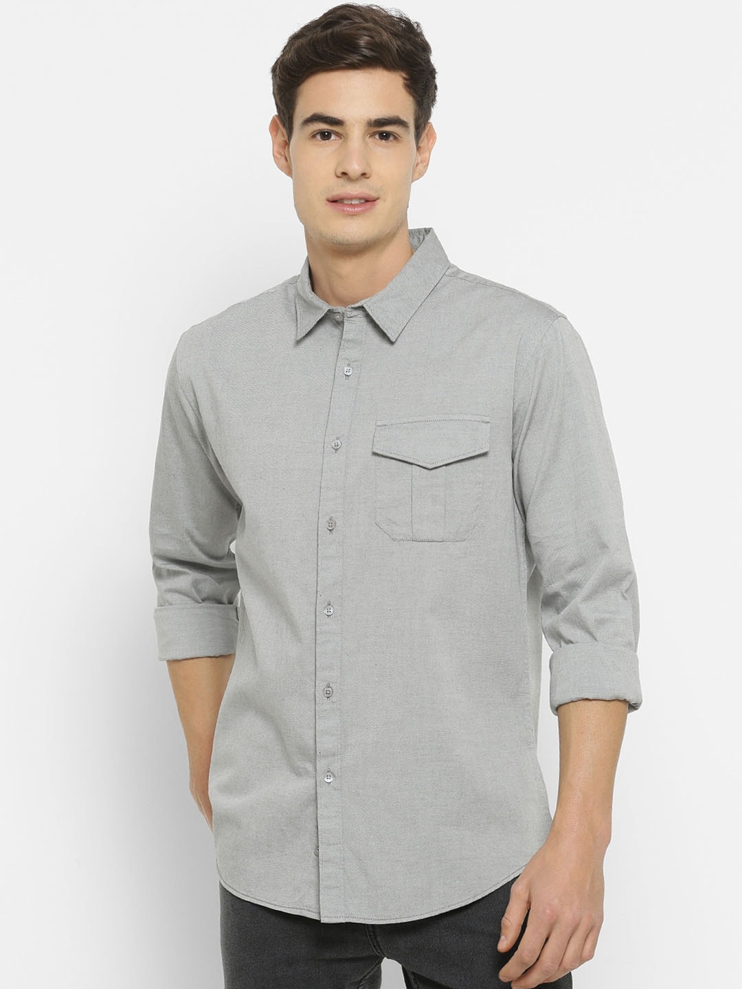 FOREVER 21 Men Grey Solid Slim Fit Cotton Casual Shirt
