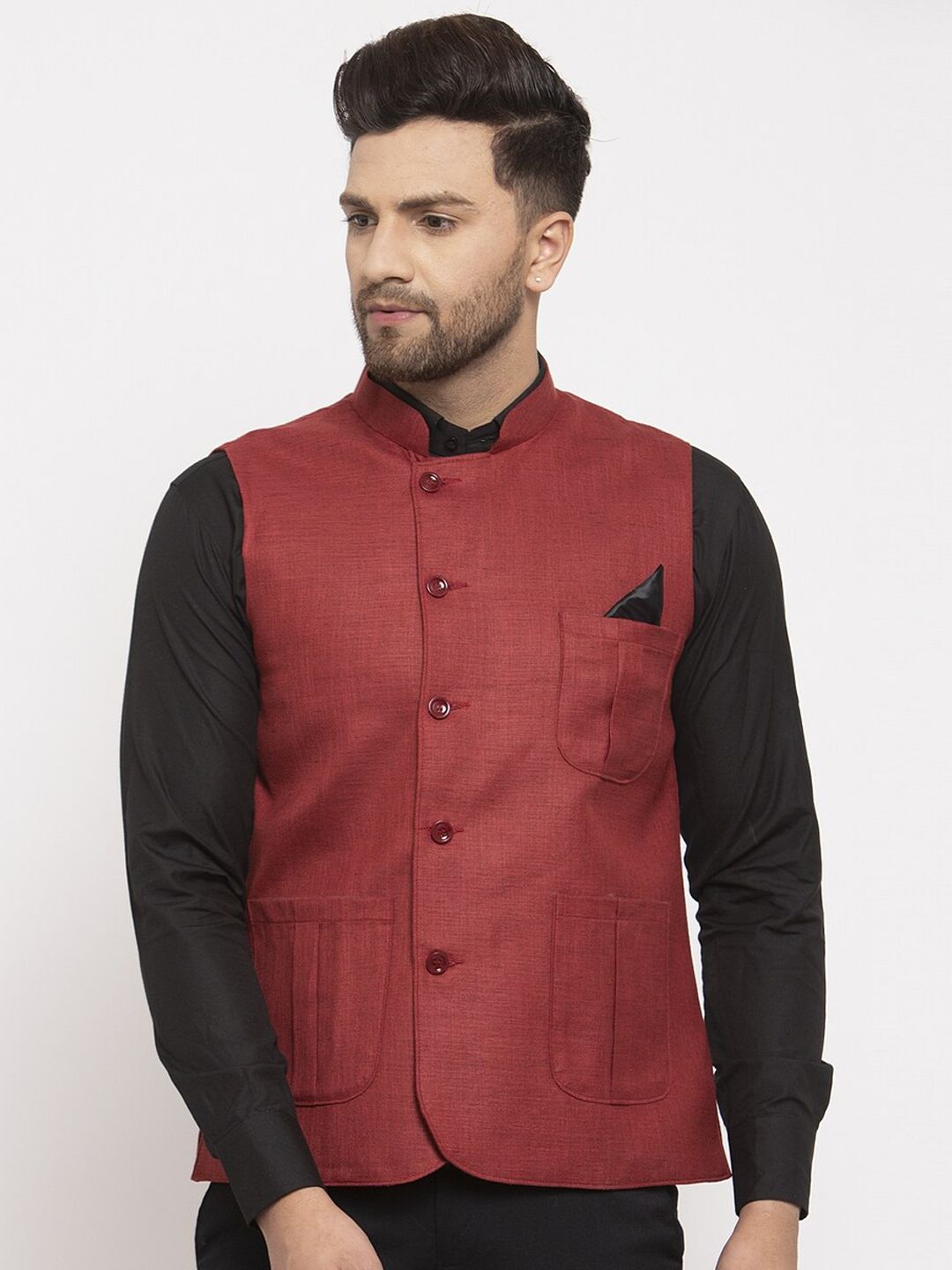 KLOTTHE Men Maroon Solid Cotton Nehru Jacket-image-3