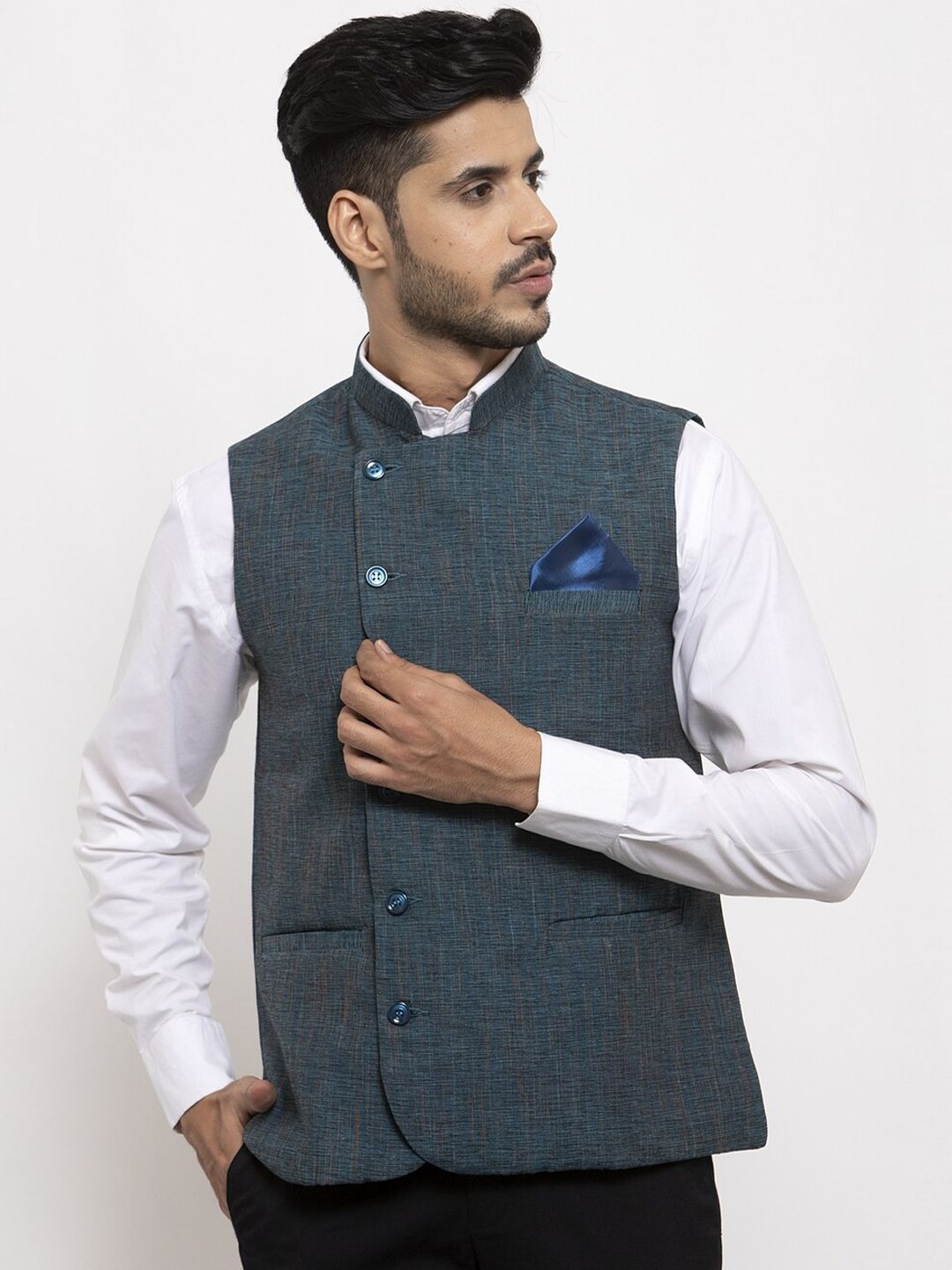 KLOTTHE Men Blue Solid Woven Design Pure Cotton Nehru Jacket-image-13