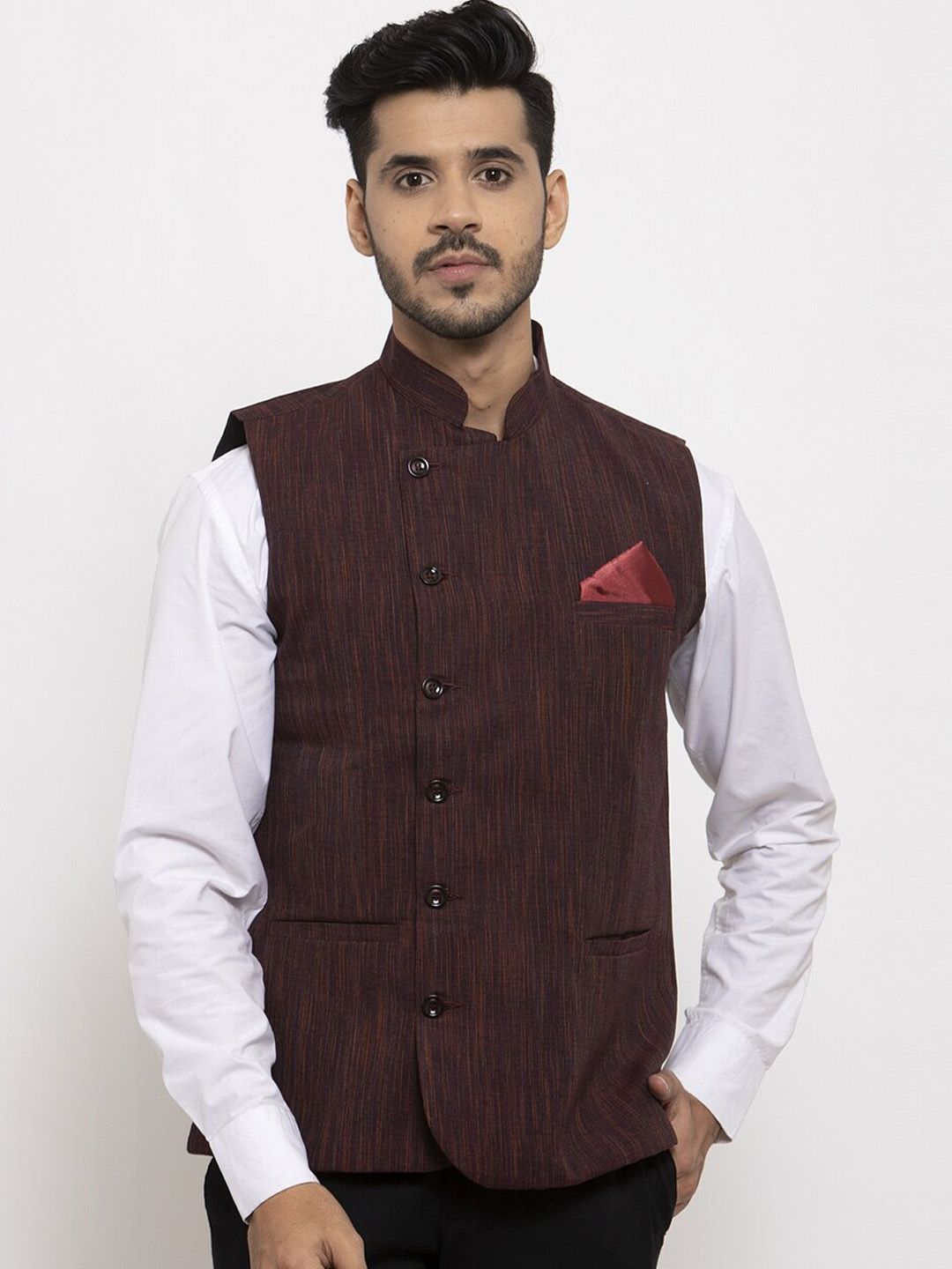 KLOTTHE Men Burgundy Woven Design Pure Cotton Nehru Jacket-image-25