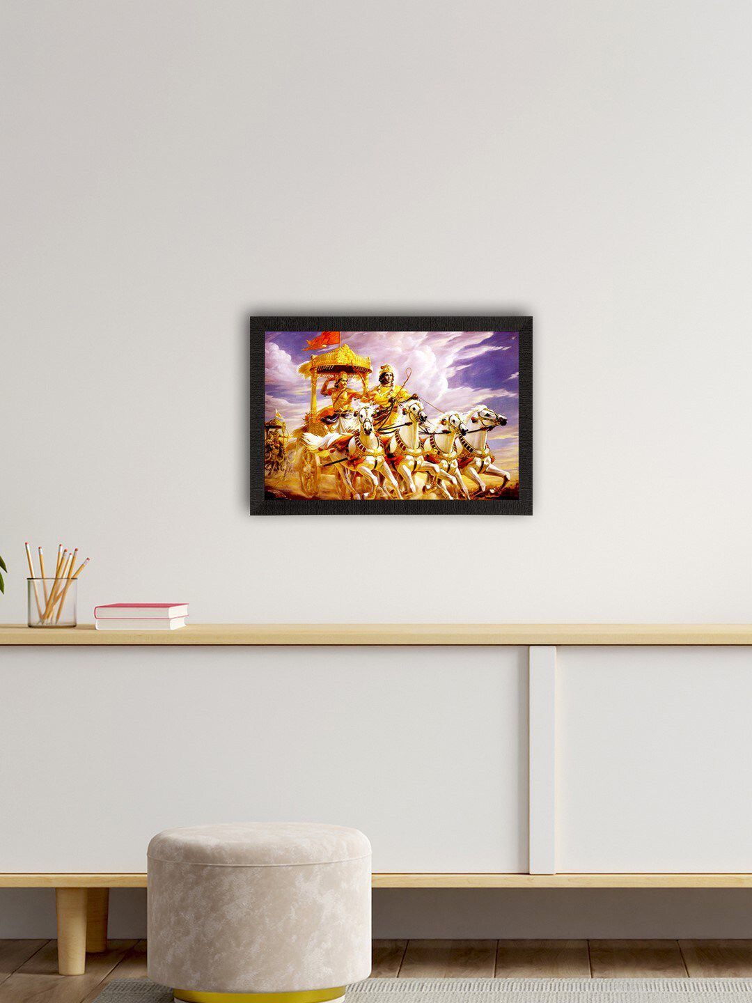 eCraftIndia Gold-Toned & White Krishna With Arjun On Rath Satin Matte Texture Wall Art-picture-12