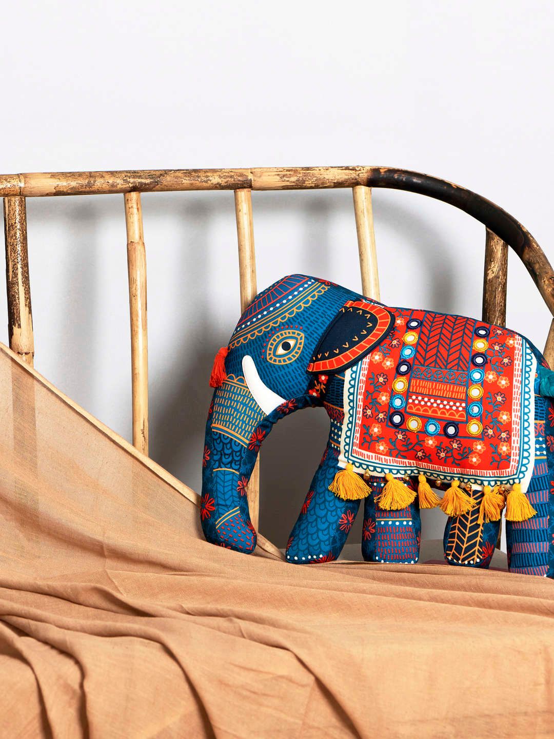 Chumbak Blue & Orange Printed The Royal Ride Kutch Elephant Shape Cotton Cushion-picture-17