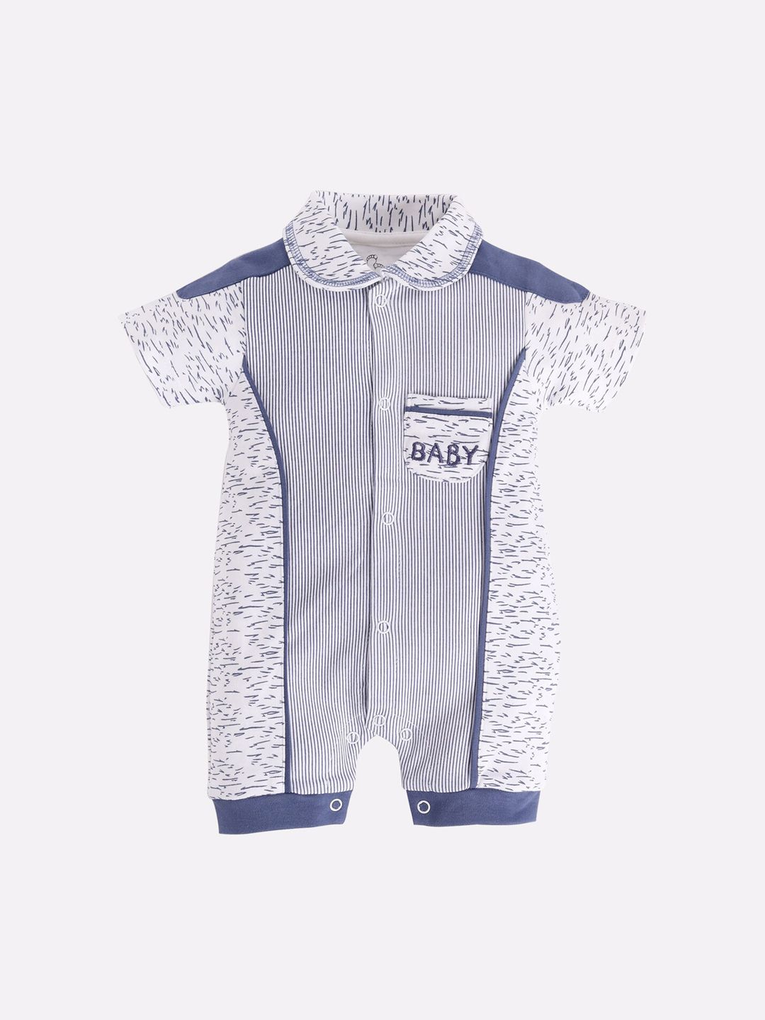 BABY GO Infant Boys White & Blue Printed Pure Cotton Romper