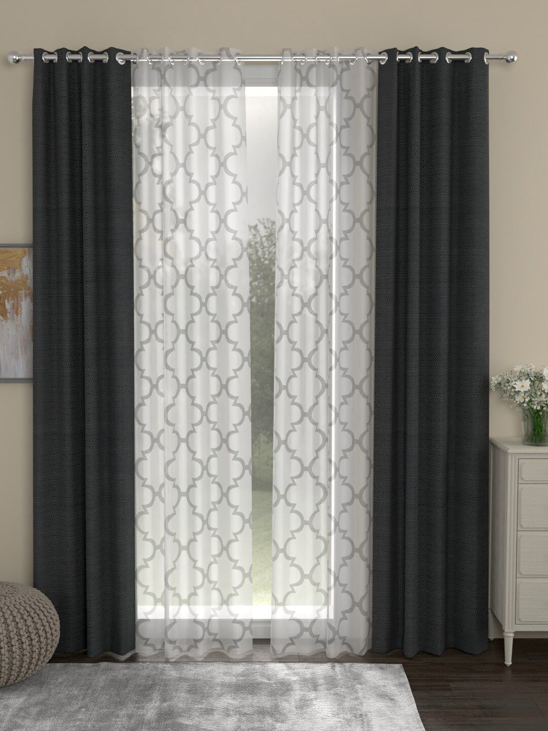 ROSARA HOME Set Of 4 Grey & White Long Door Curtains-picture-20