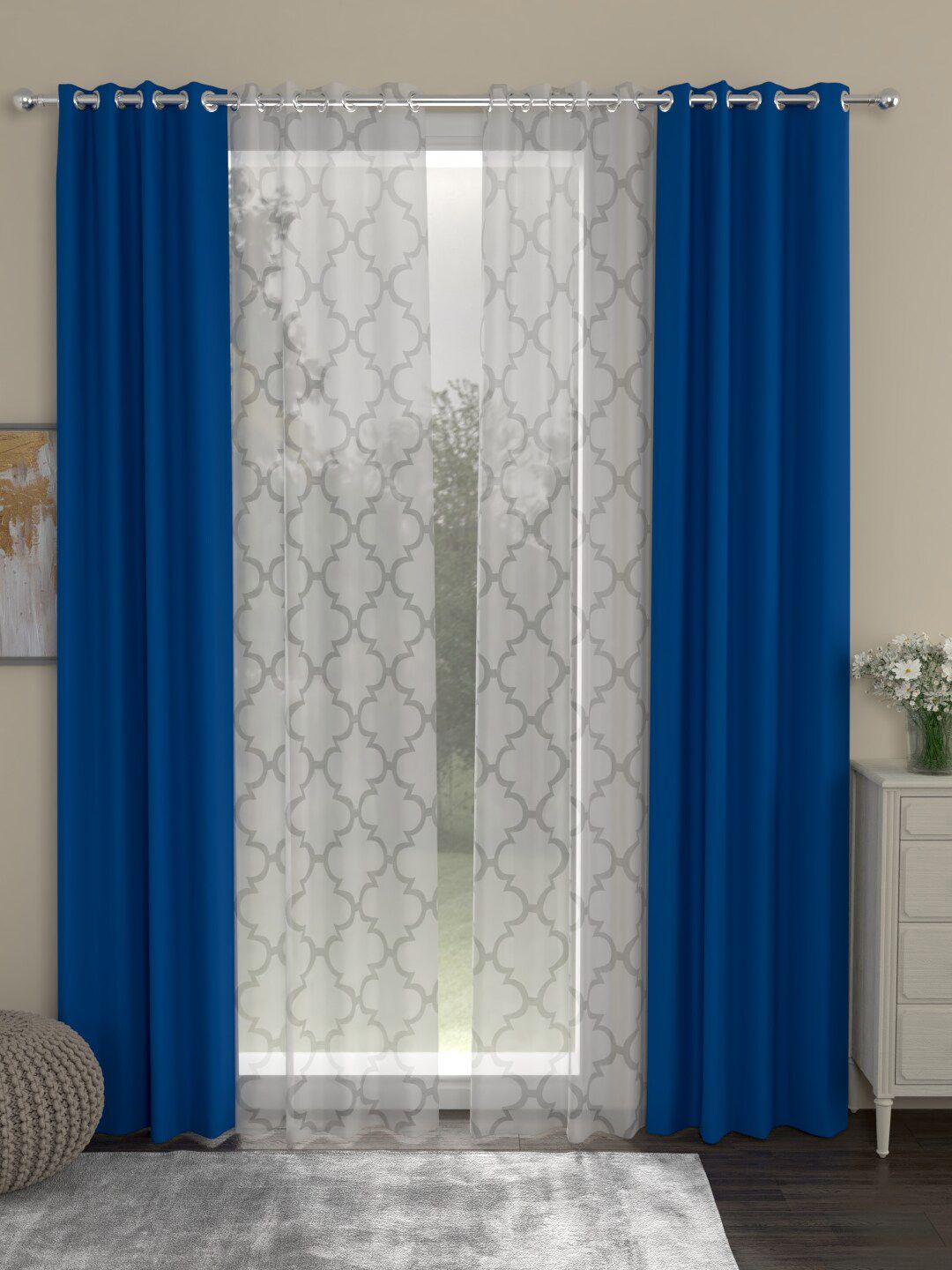 ROSARA HOME Blue & White Set of 4 Long Door Blackout Curtains-image-1