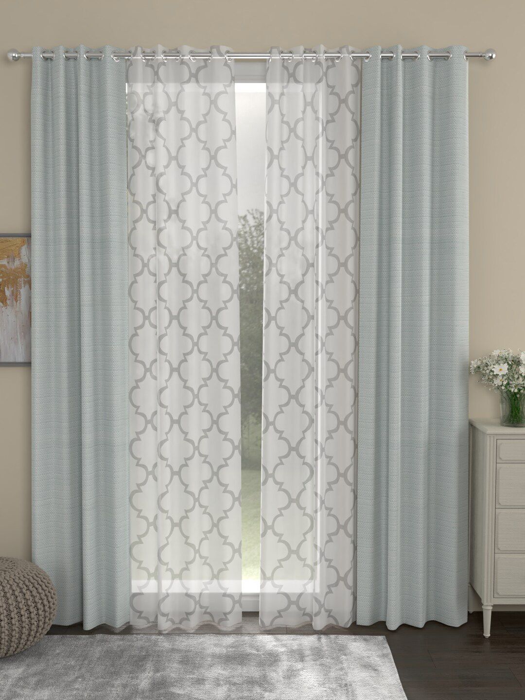 ROSARA HOME Grey Melange & White Set of 4 Long Door Curtains-picture-23