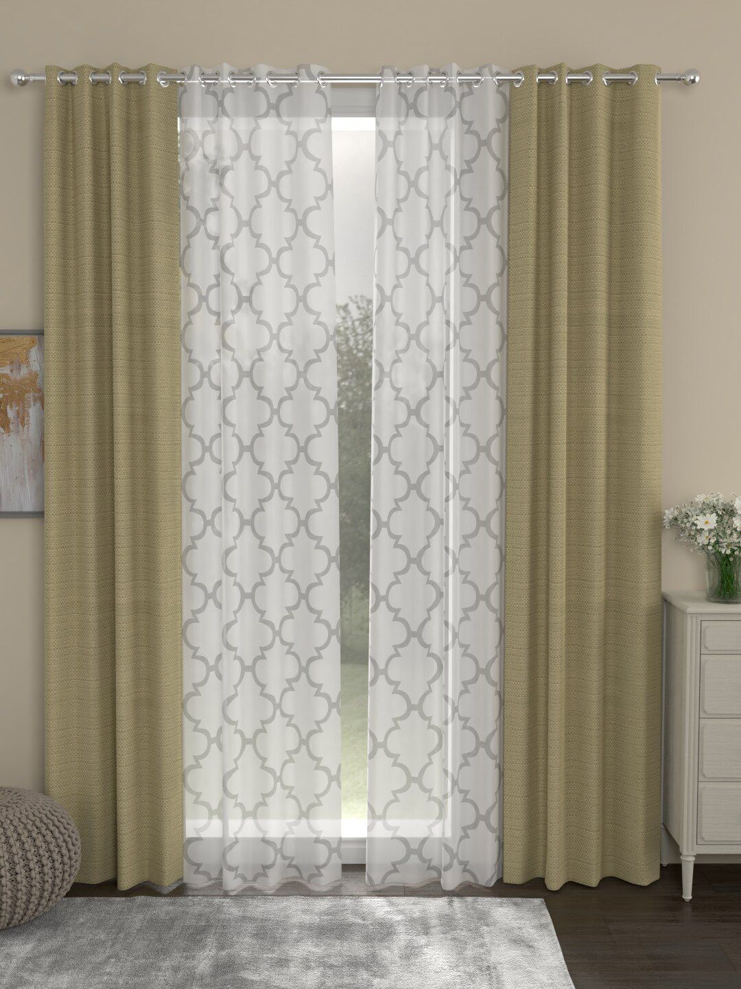 ROSARA HOME Beige & White Set of 4 Regular & Sheer Long Door Curtains-picture-27