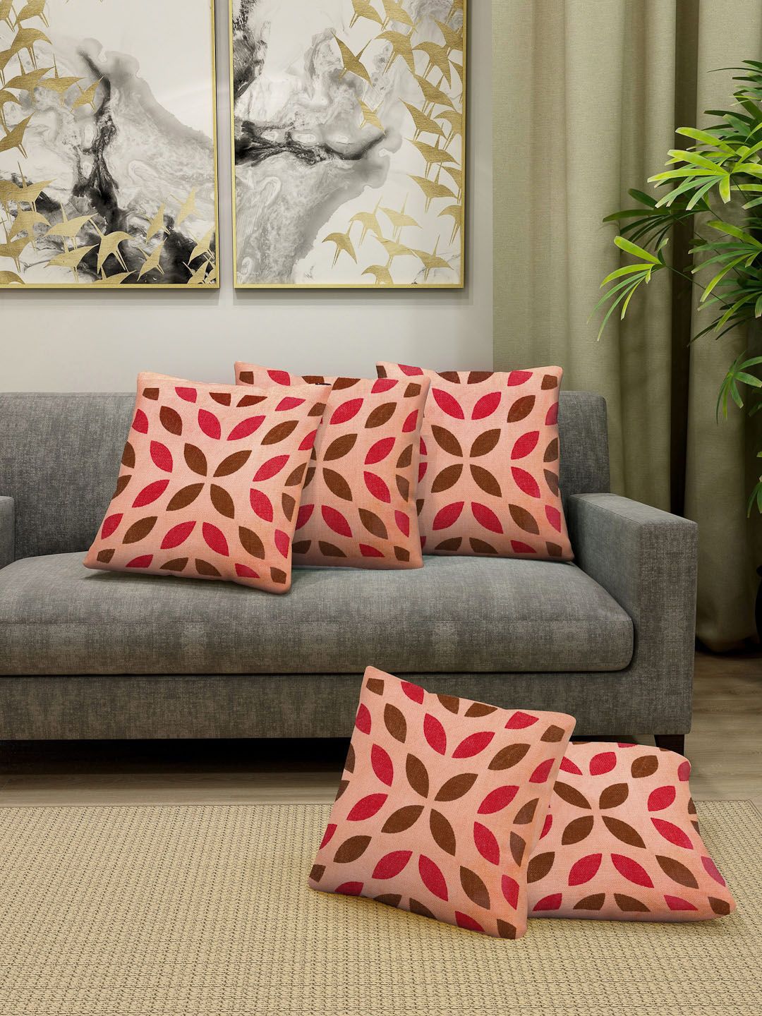 KLOTTHE Peach-Coloured Set of 5 Floral Square Cushion Covers-picture-38