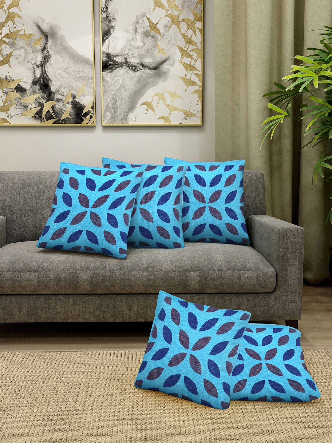 KLOTTHE Blue & Maroon Set of 5 Abstract Square Cushion Covers-image-9