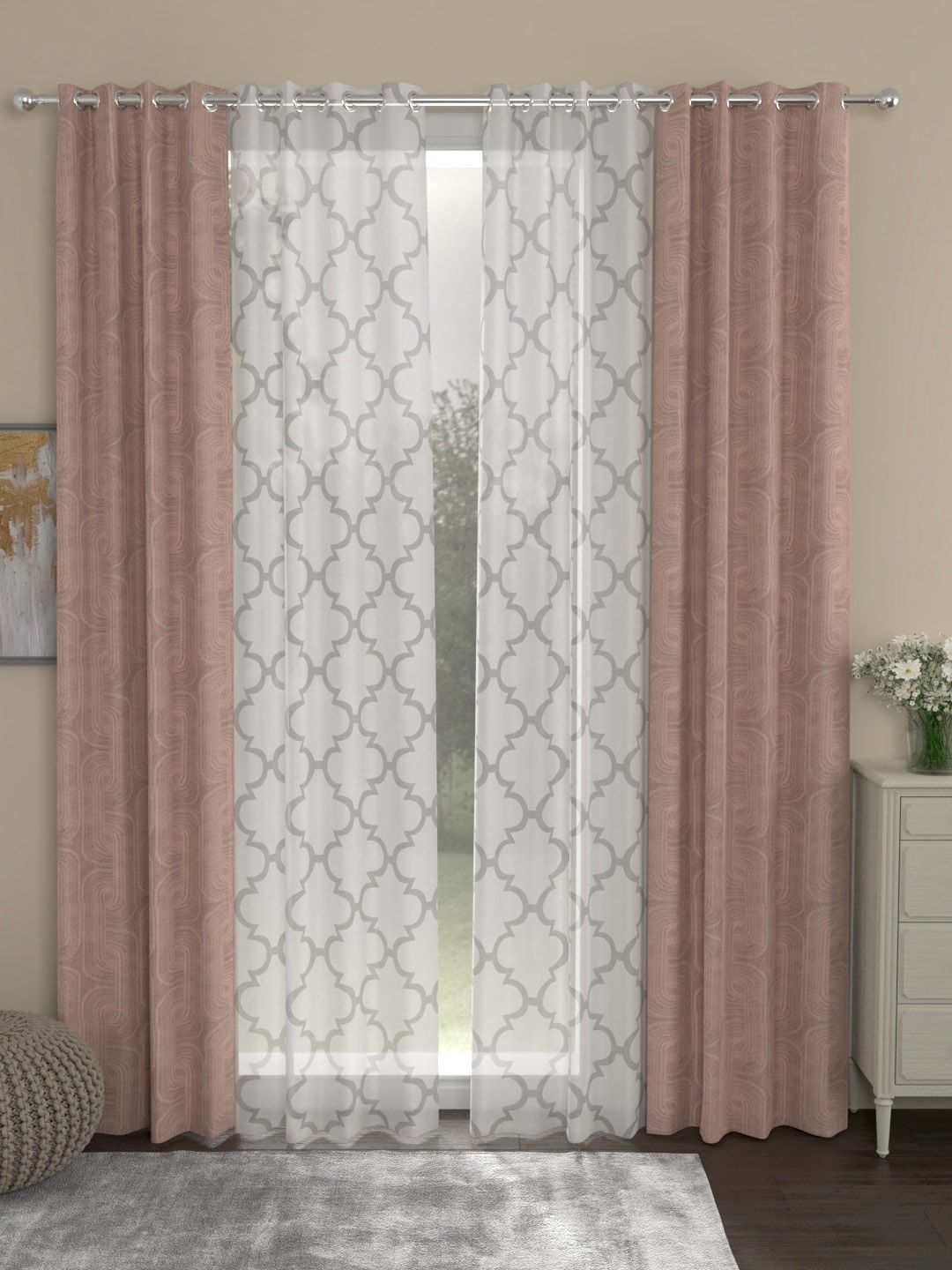 ROSARA HOME Nude-Coloured & White Set of 4 Long Door Curtains-picture-18
