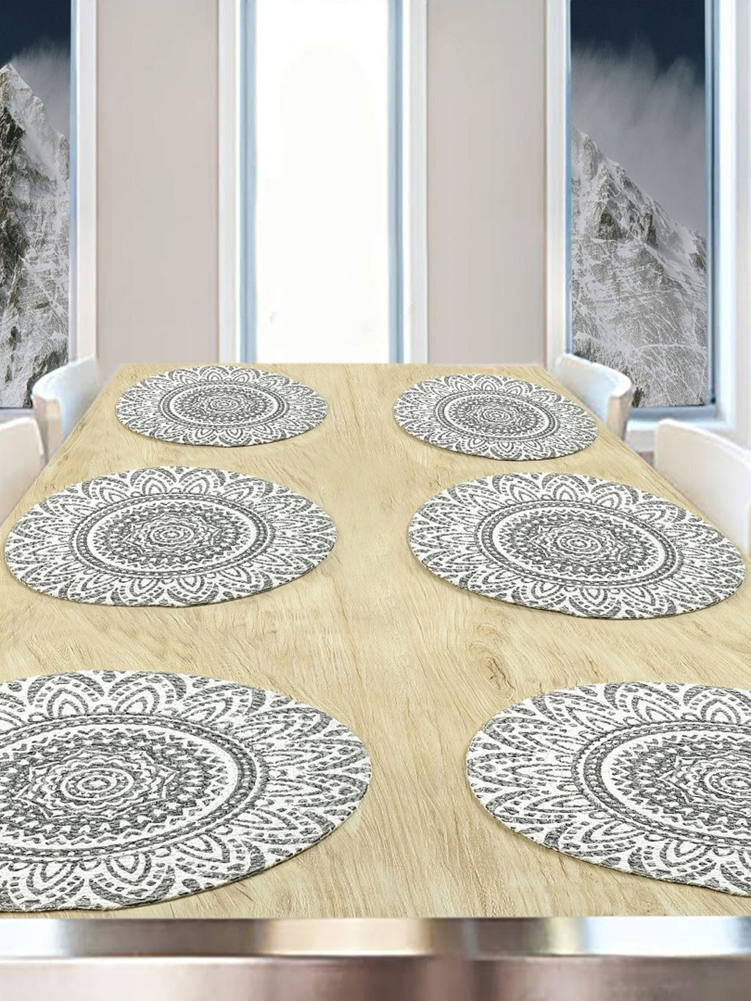 BELLA TRUE Set Of 6 White & Grey Floral Printed Pure Cotton Round Table Placemats-image-28