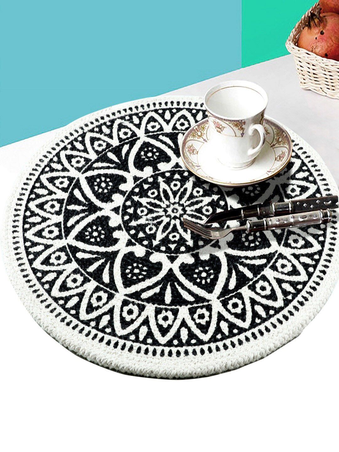 BELLA TRUE Set Of 6 White & Black Floral Printed Pure Cotton Round Table Placemats-picture-21