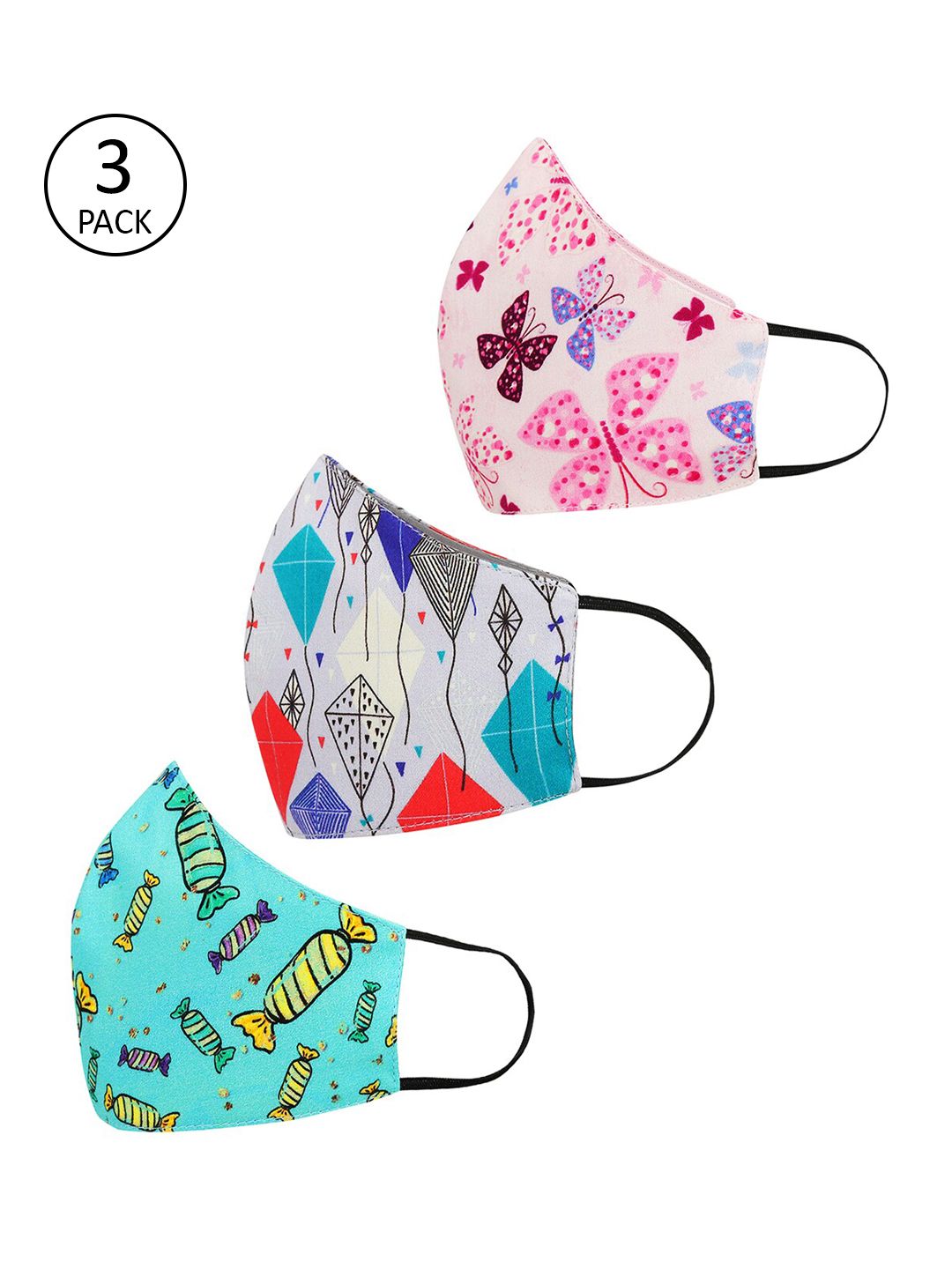 Tossido Kids Pack Of 3 Digital Printed Reusable 3-Ply 100% Cotton Cloth Face Masks
