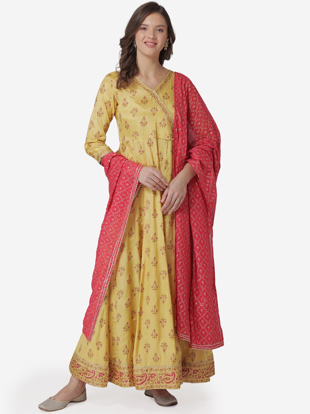 TARA-C-TARA Yellow Ethnic Motifs Maxi Dress With Dupatta