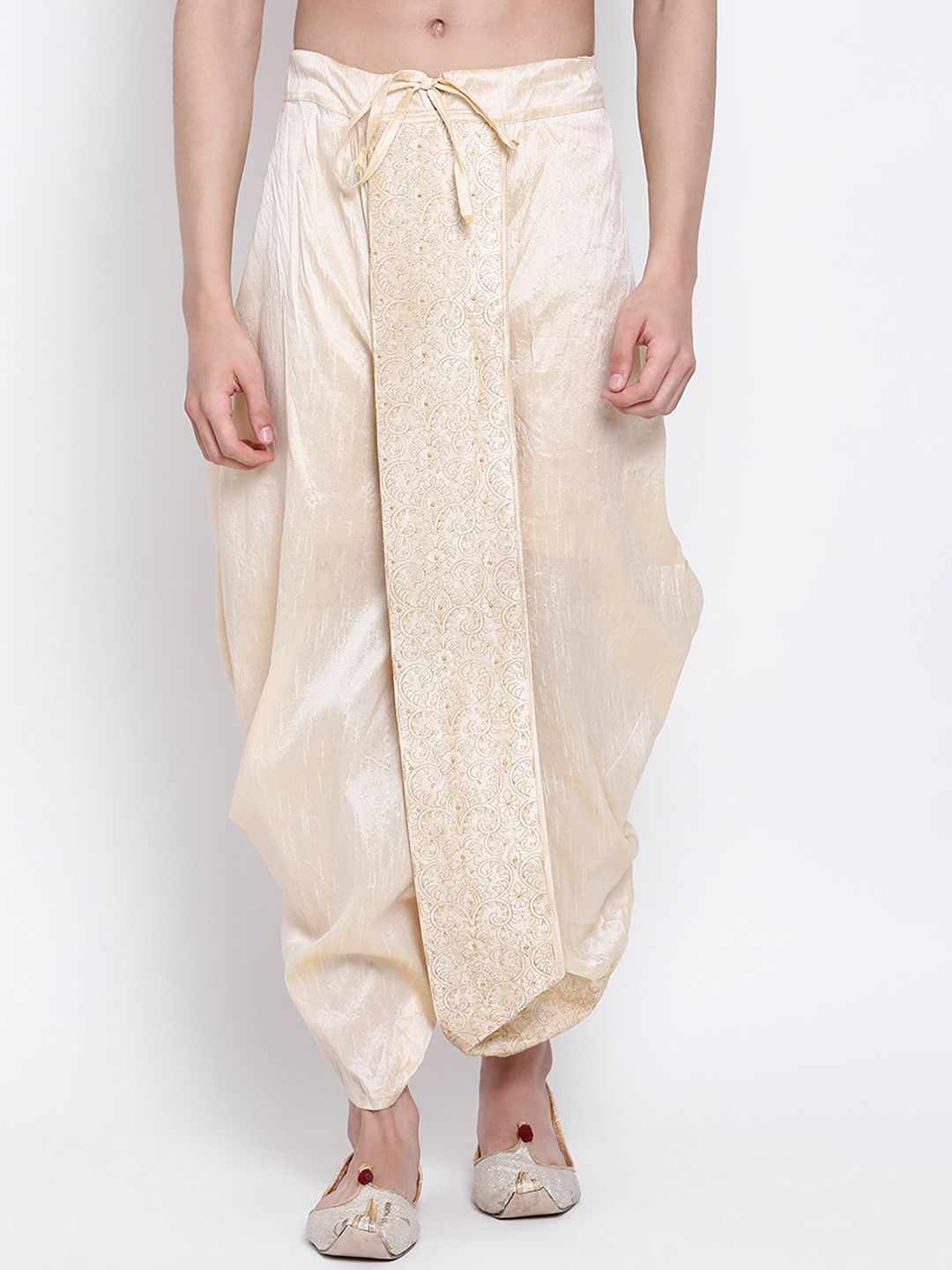 Sanwara Men Beige Solid Relaxed Fit Art Silk Dhoti-image-2