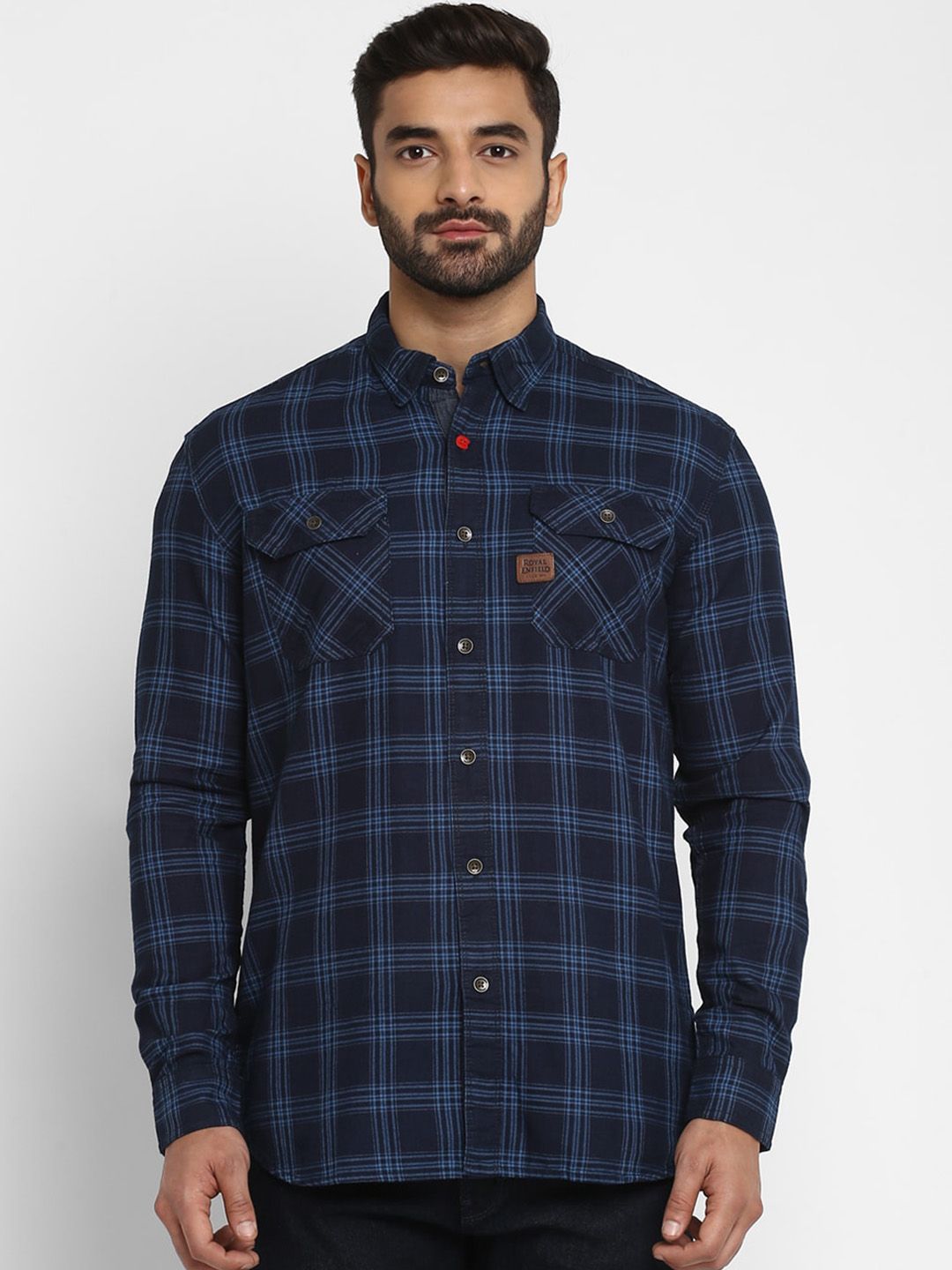 Royal Enfield Men Navy Blue & Black Regular Fit Checked Casual Shirt