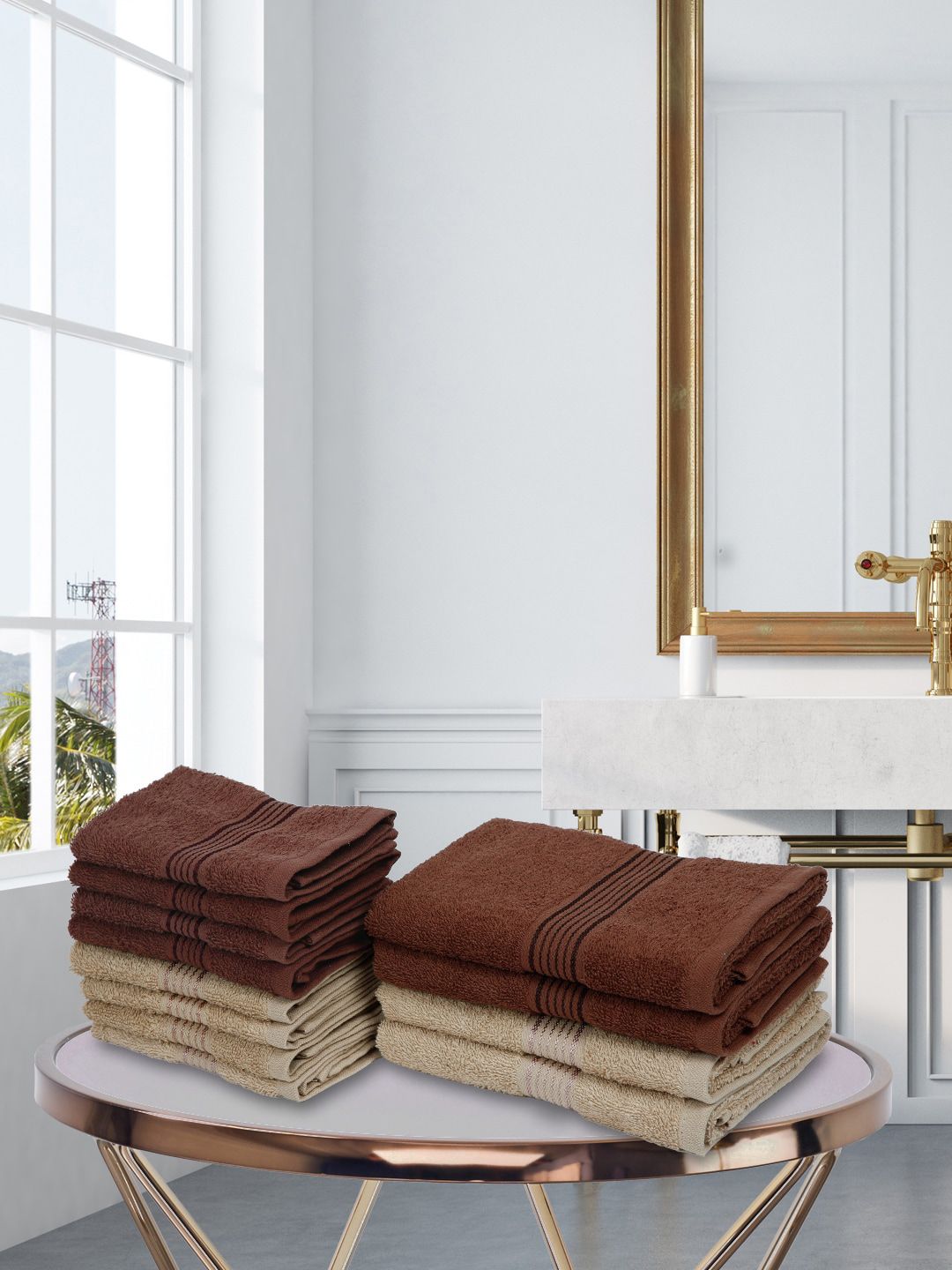 KOPA Set Of 12 Brown & Taupe-Brown Solid 380 GSM Cotton Towel Set-image-5