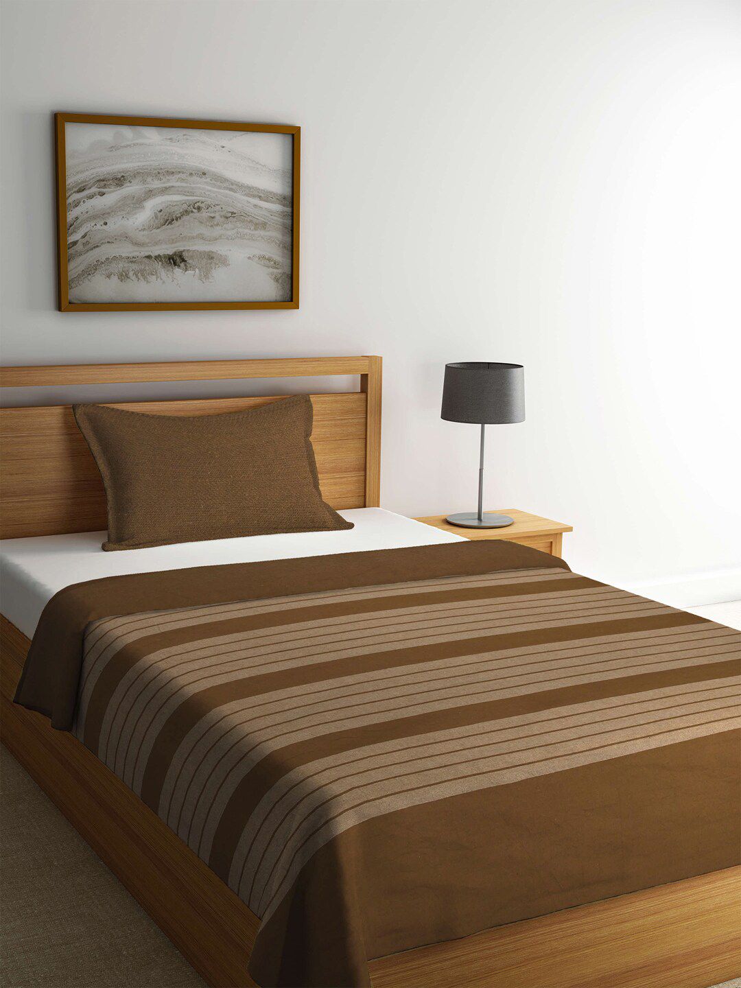 KLOTTHE Brown Striped Cotton Single Bed Cover With Pillow Cover-image-29