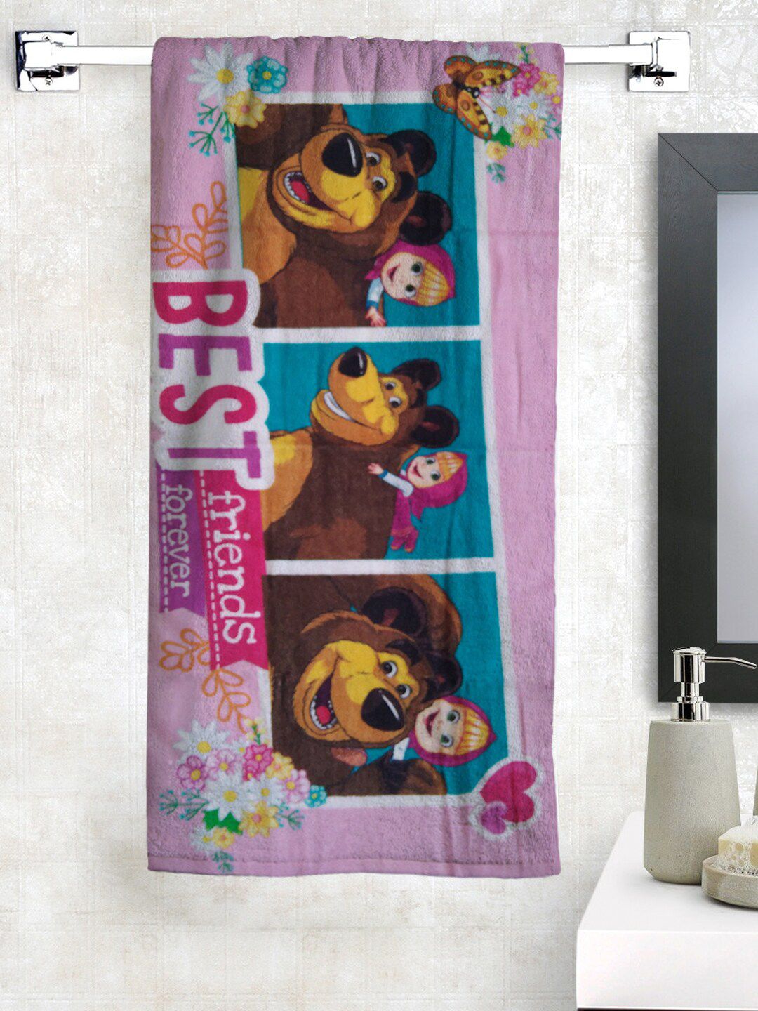 Athom Trendz Pink & Brown Masha & The Bear Printed 350 GSM Cotton Bath Towel-image-15