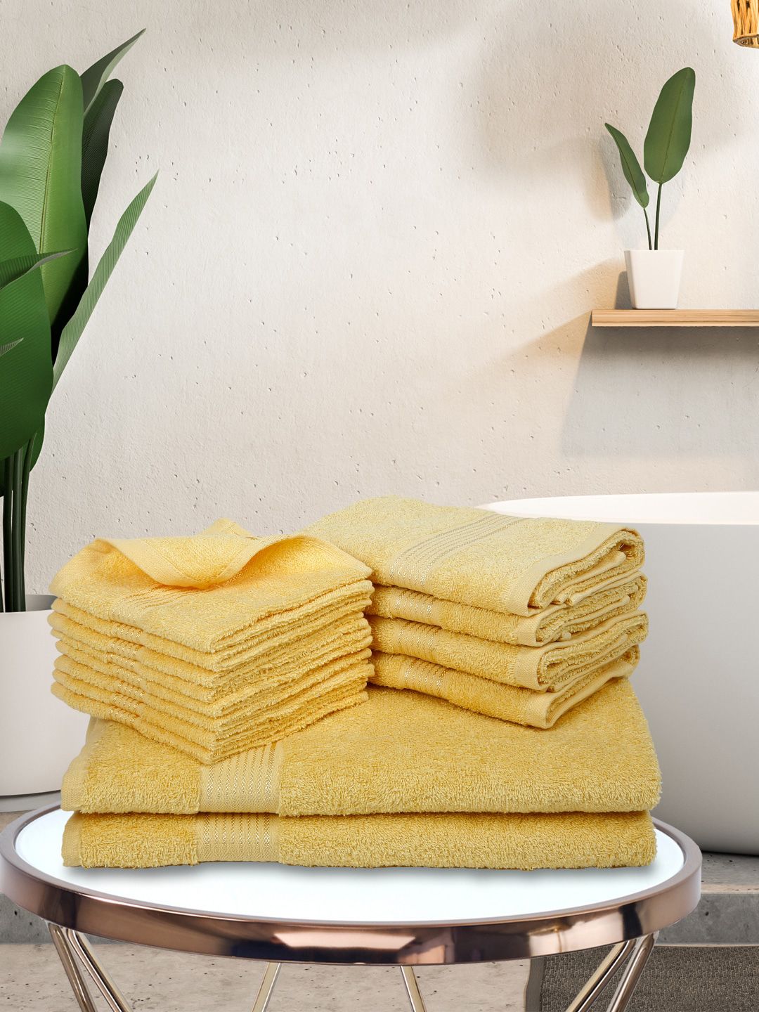 BIANCA Set Of 14 Yellow Solid Pure Cotton 380 GSM Towel Set-image-21