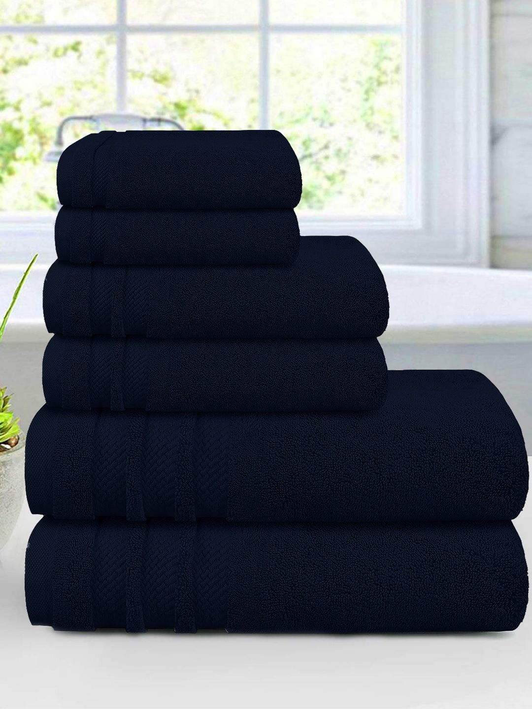 MYTRIDENT Unisex Set Of 6 Navy Blue Solid 625 GSM 100% Cotton Towels