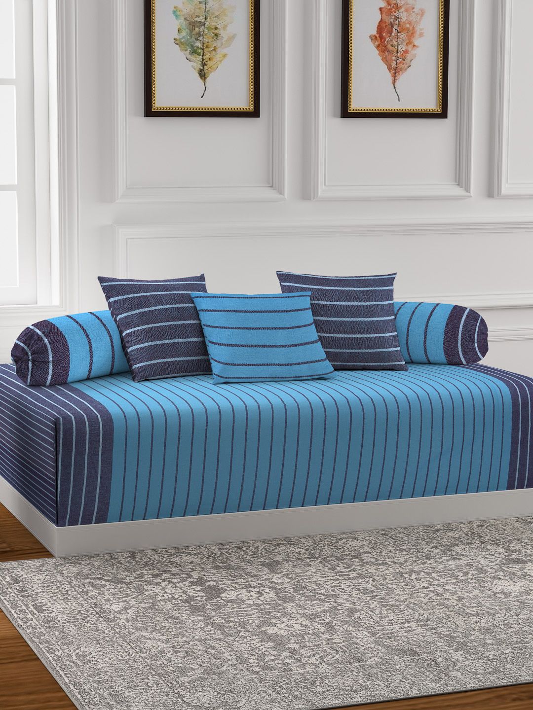 KLOTTHE Set Of 6 Blue Striped Cotton Bedsheet With Bolster & Cushion Covers-image-12