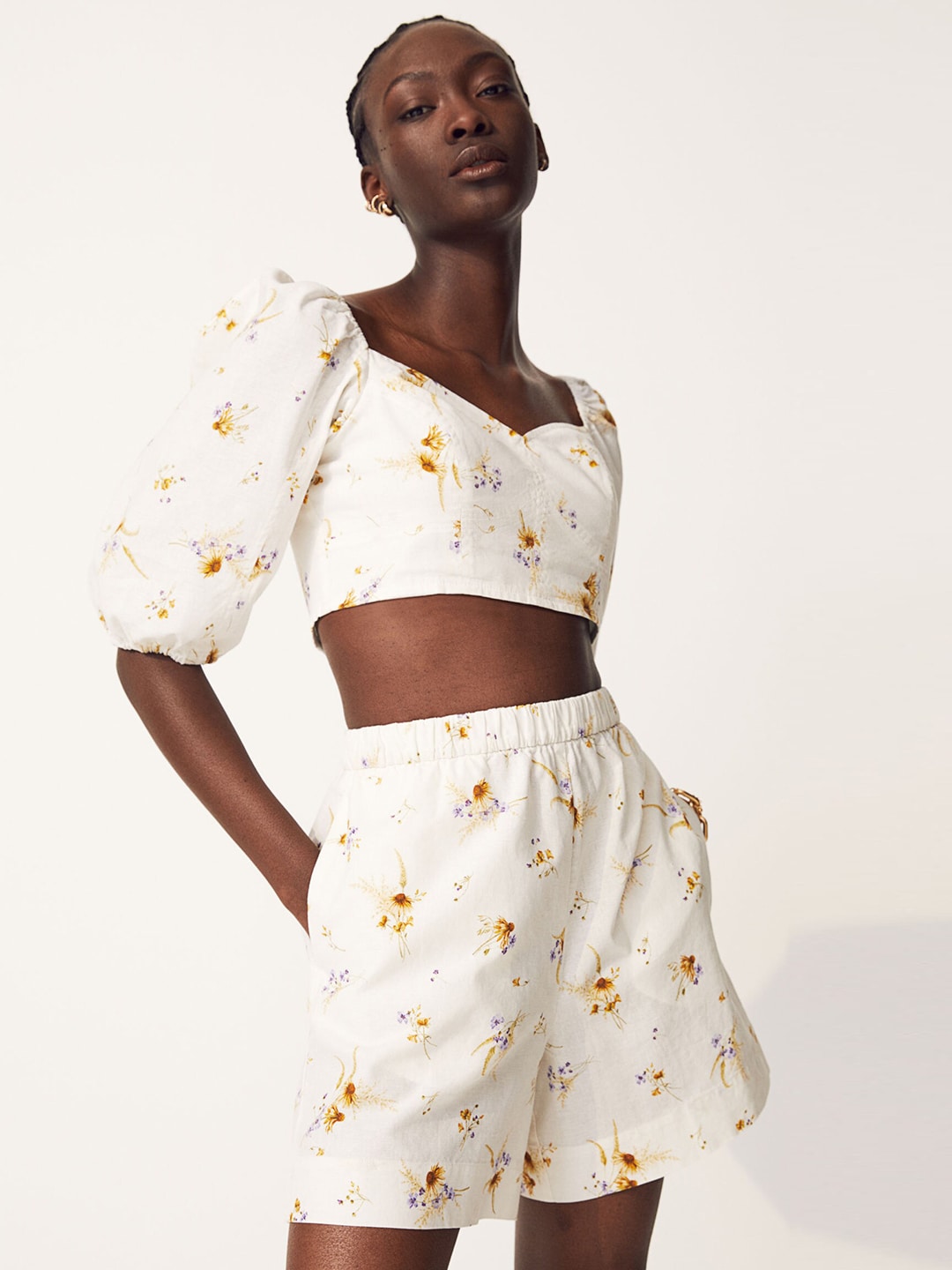H&M Women White & Brown Printed Cropped Linen-Blend Blouse