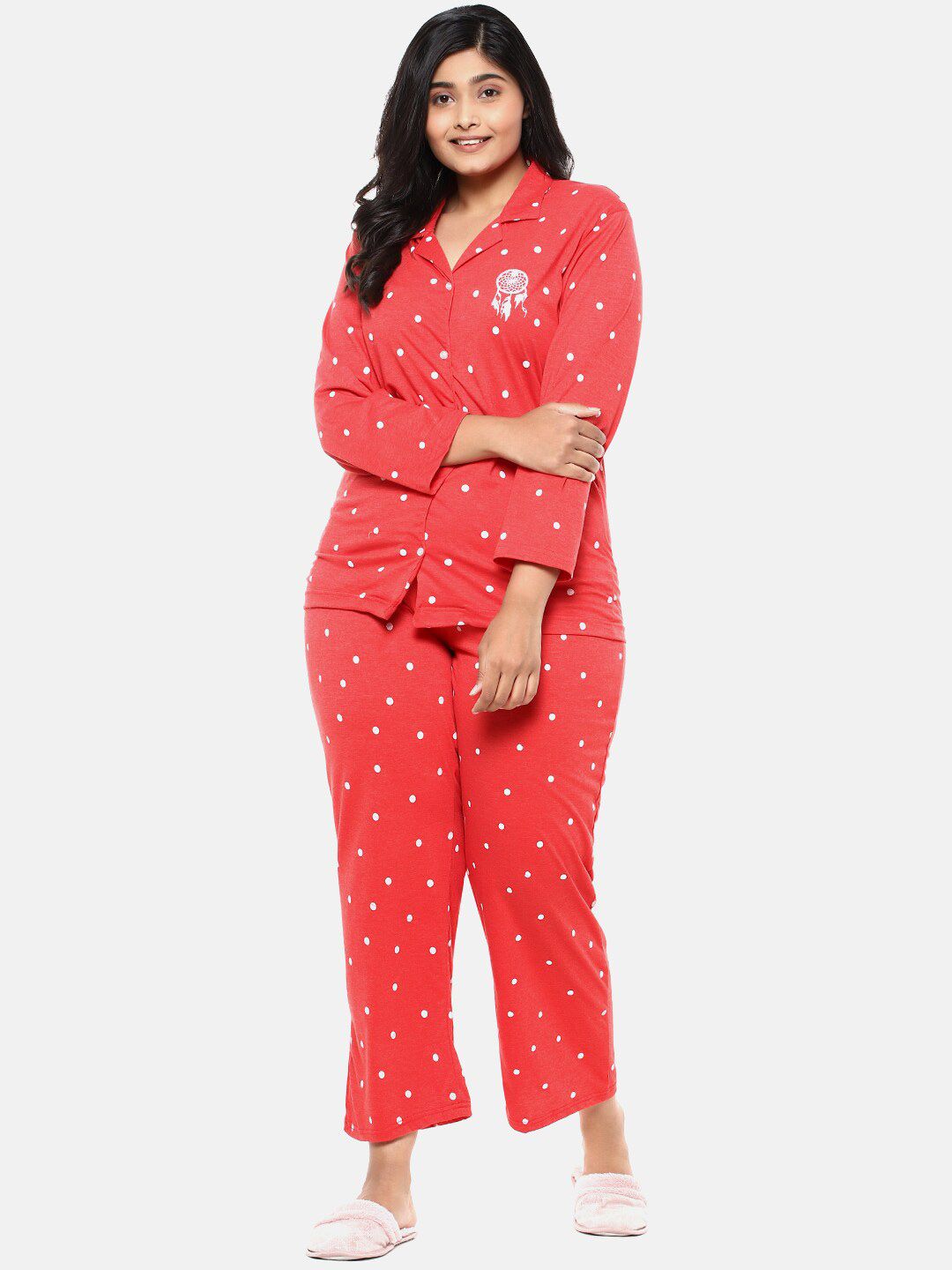 Instafab Plus Women Red & White Pure Cotton Printed Night Suit-picture-35
