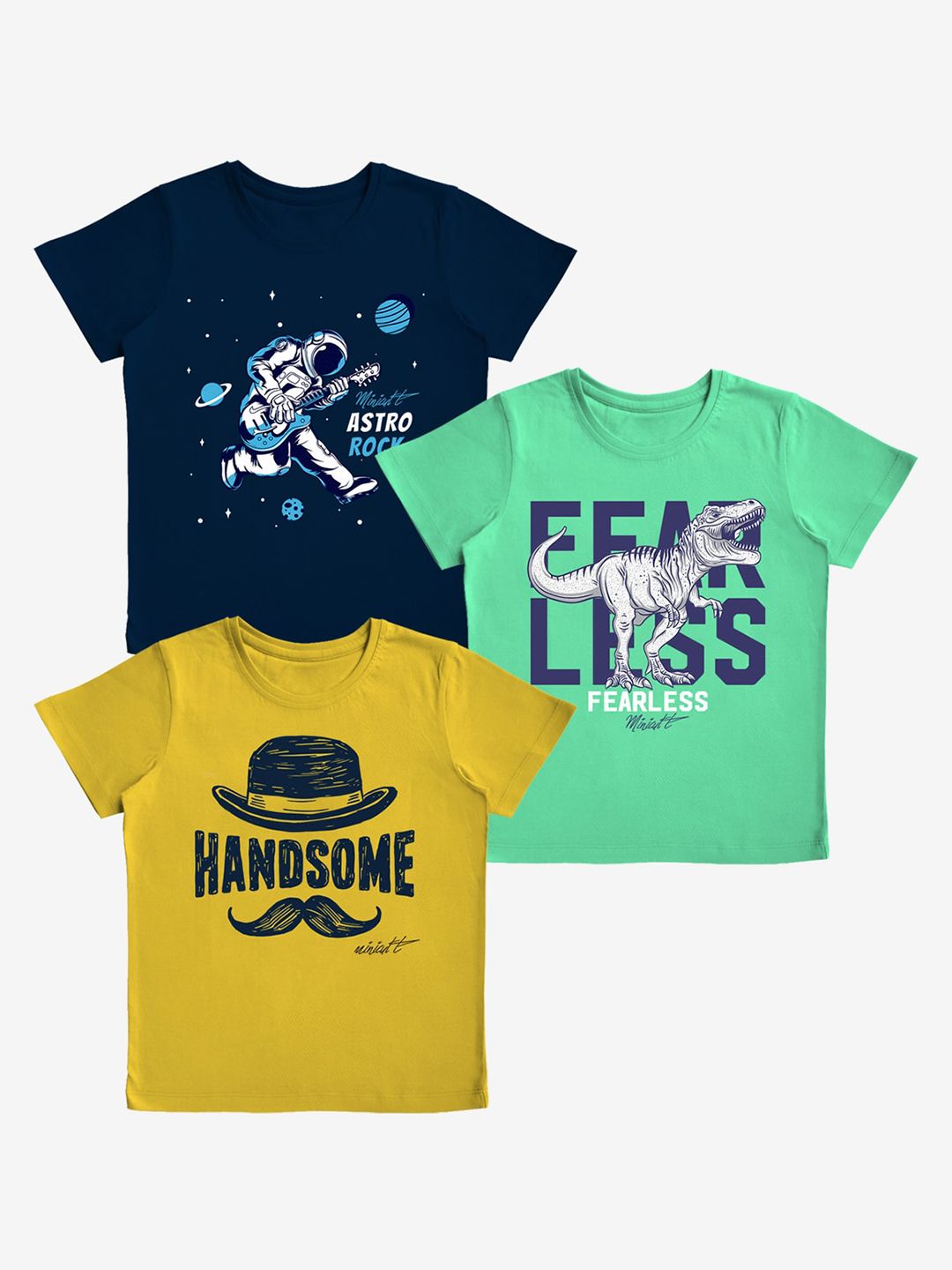 x2o Boys Navy Blue & Yellow Typography Printed Cotton T-shirt Pack Of 3-picture-56