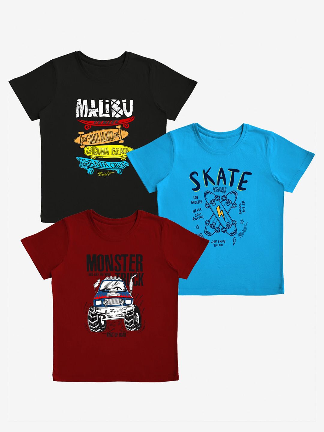 x2o Kids Maroon & Black Pack of 3 Typography Printed T-shirt-picture-26