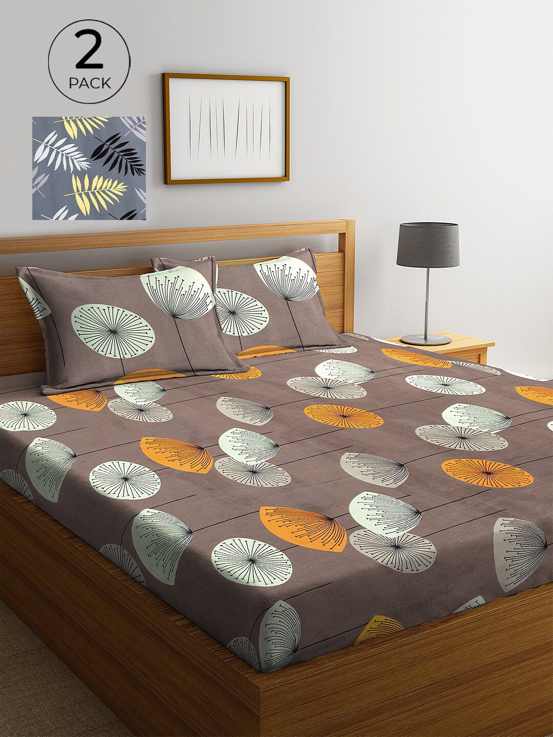 KLOTTHE Grey & Coffee Brown Floral 210 TC 2 King Bedsheet with 4 Pillow Covers-image-1