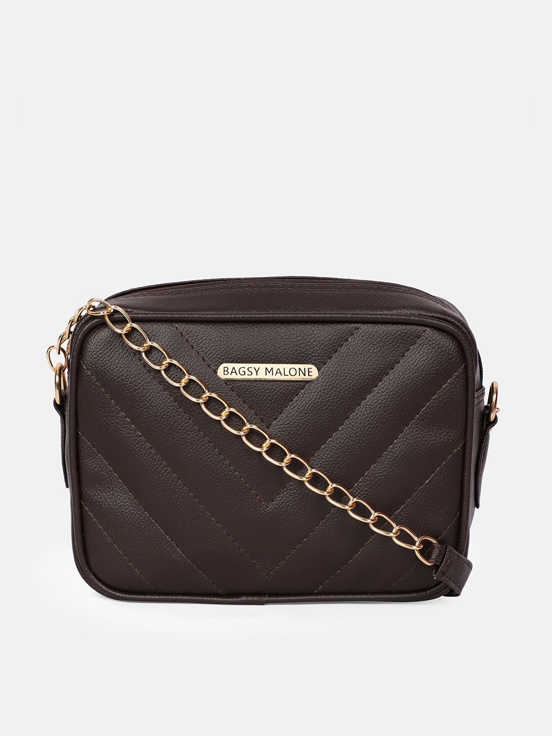 Bagsy Malone Brown Textured PU Structured Sling Bag with Quilted-picture-29