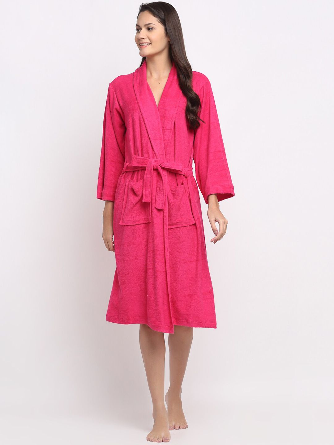 ELEVANTO Women Fuchsia Pink Solid Pure Cotton 180 GSM Bath Robe-picture-18