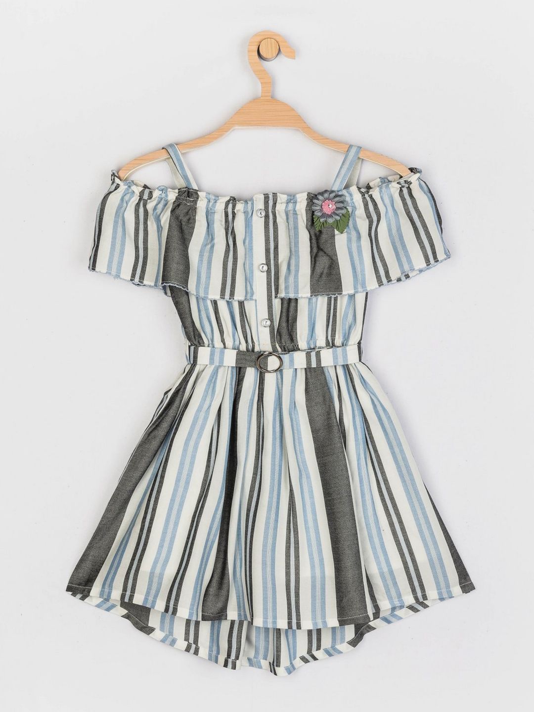 Peppermint Girls Blue Striped Off-Shoulder Fit & Flare Dress-picture-20