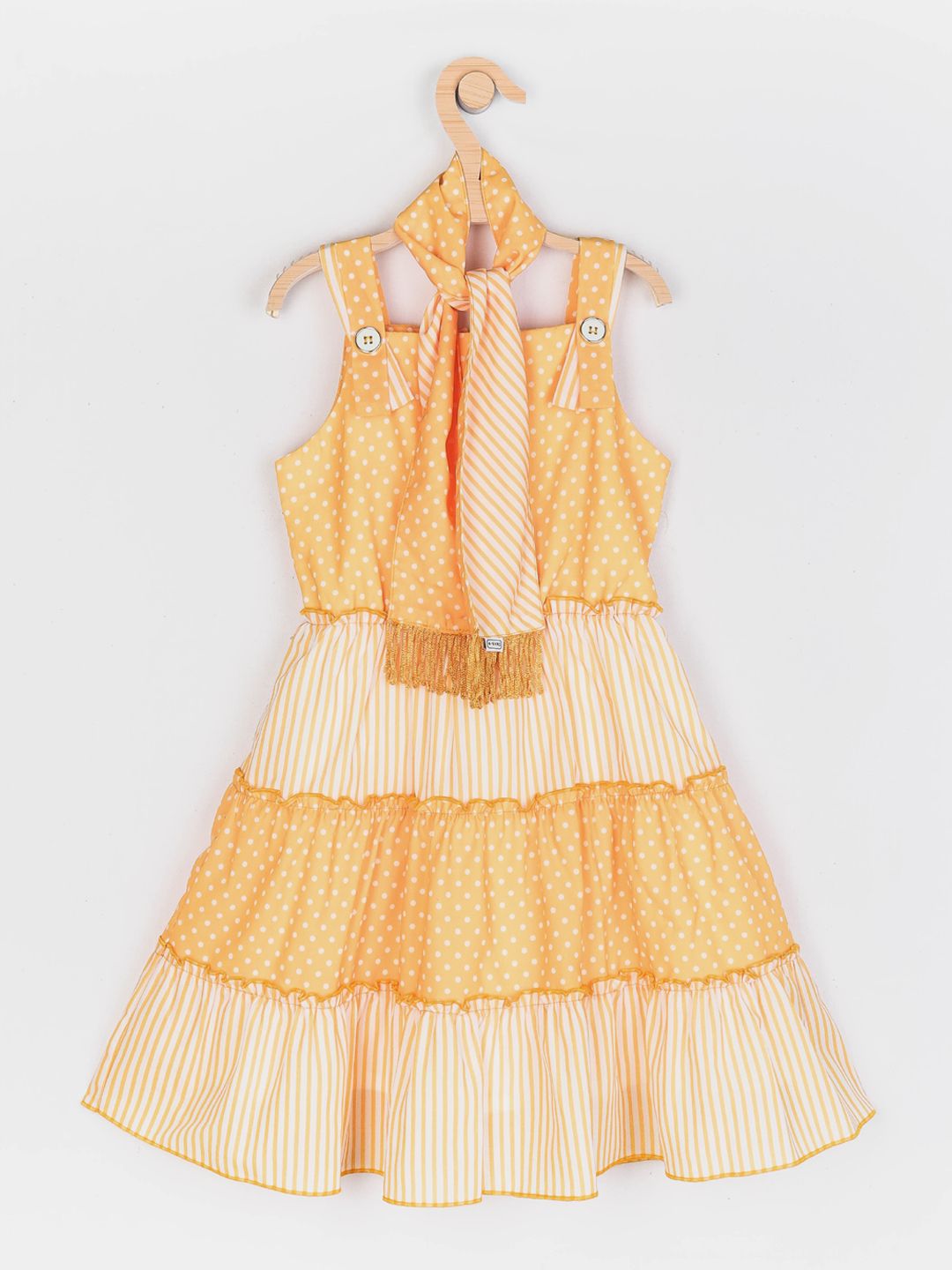 Peppermint Girls Yellow & White Printed Tiered Fit & Flare Dress with Stole-picture-45