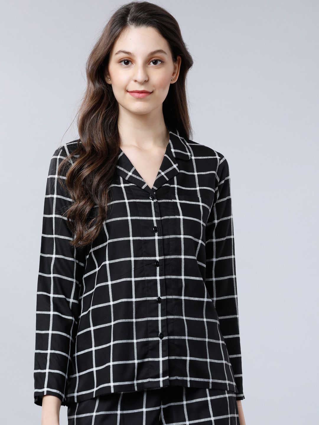 Tokyo Talkies Women Black & White Checked Sleep Shirt-picture-25