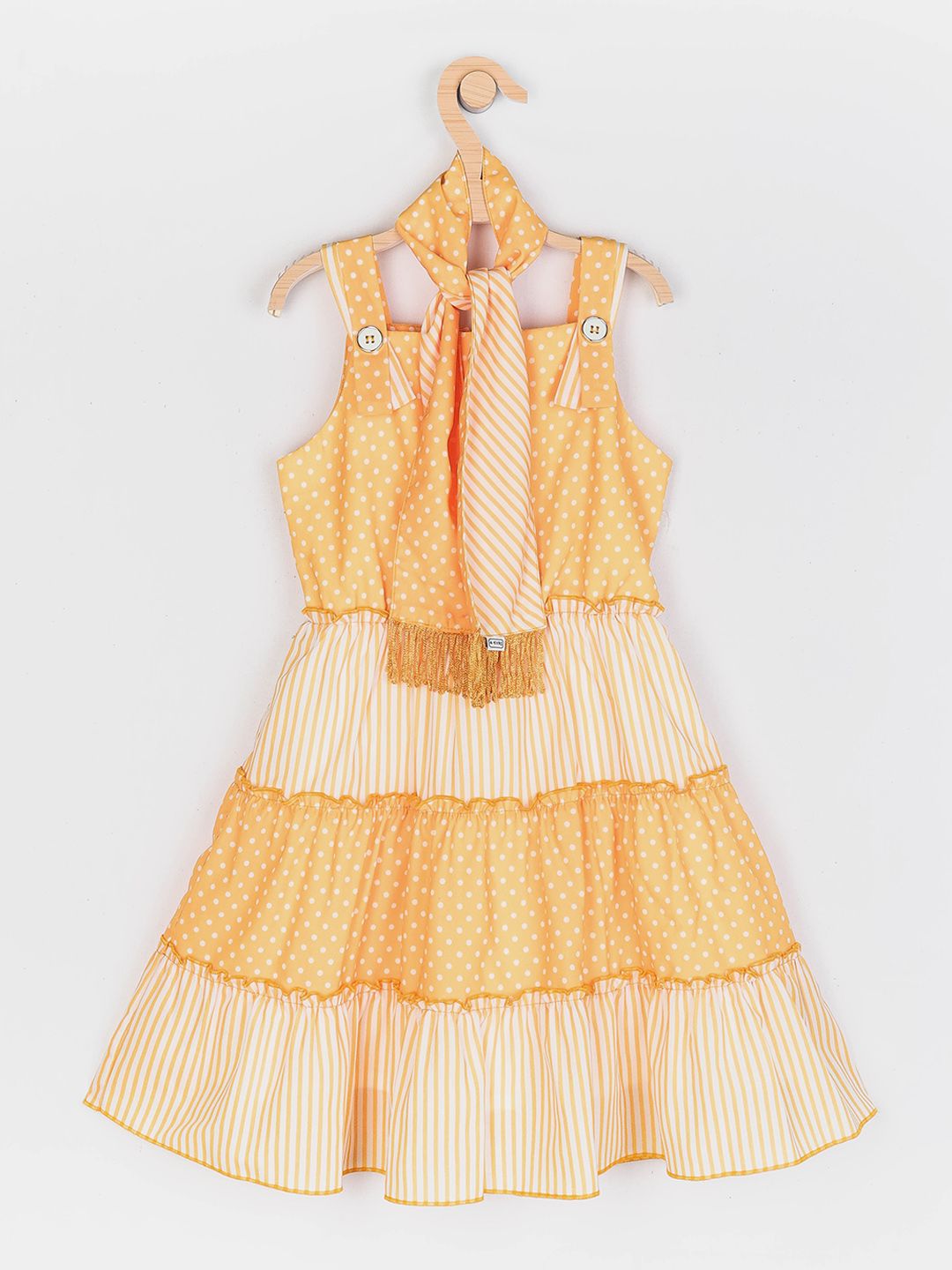 Peppermint Girls Yellow Polka Dot printed & Striped Fit & Flare Tiered Dress-picture-42