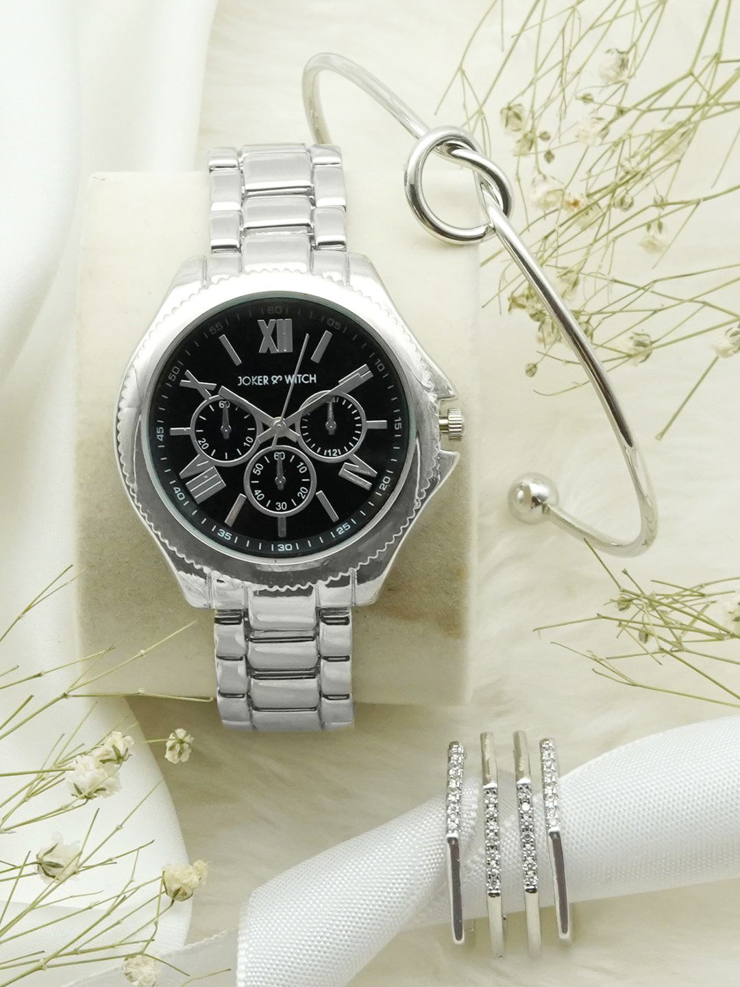 JOKER & WITCH Women Silver-Toned & Black Lumos Love Triangle Watch Gift Set JWLT200-image-9