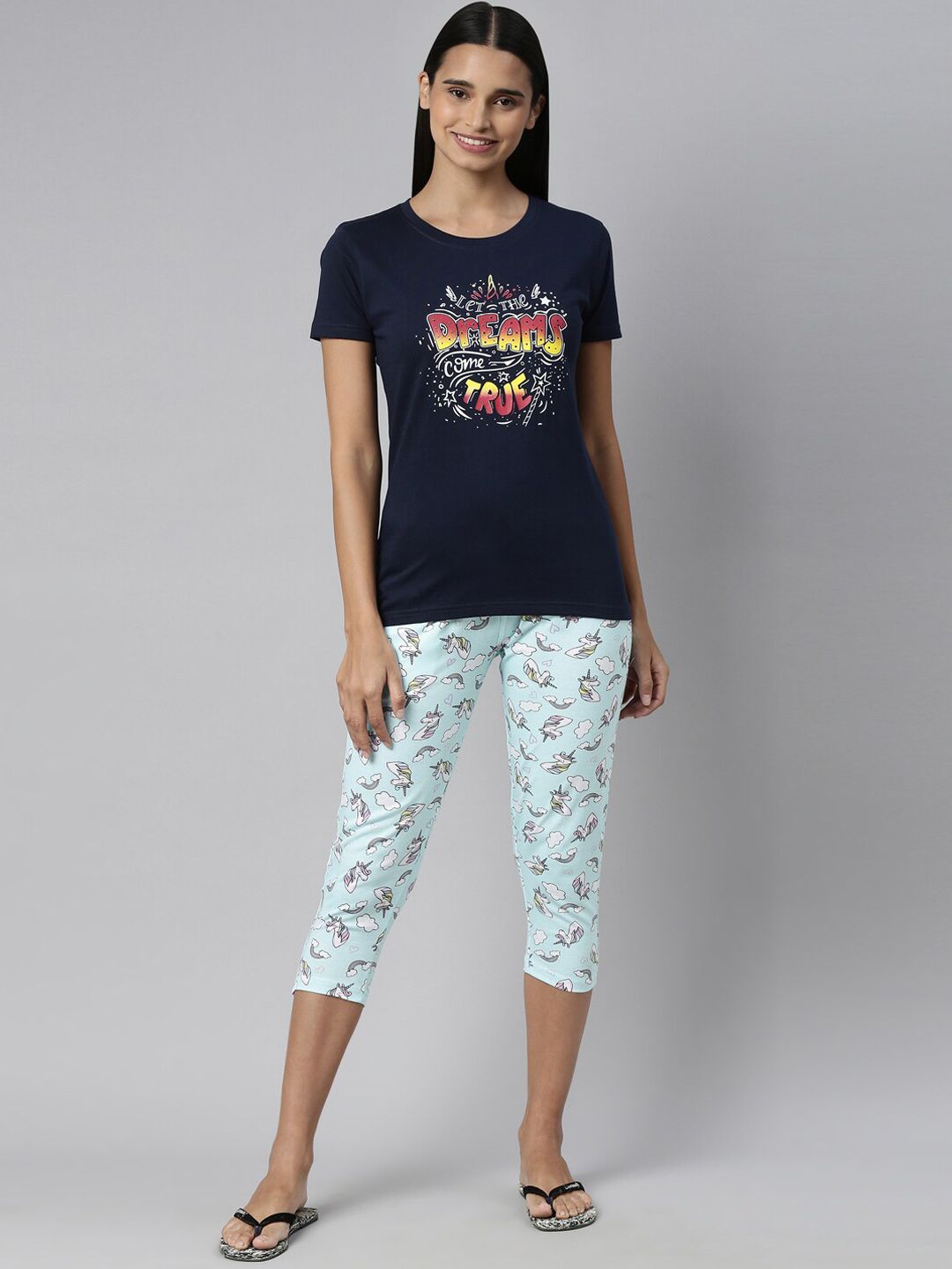 Kryptic Women Navy Blue & White Printed Cotton Night Suit-picture-10