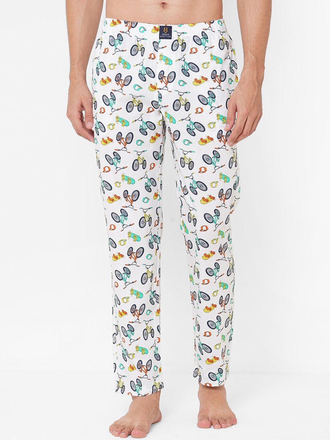 URBAN SCOTTISH Men White & Blue Printed Pure Cotton Lounge Pants-picture-32