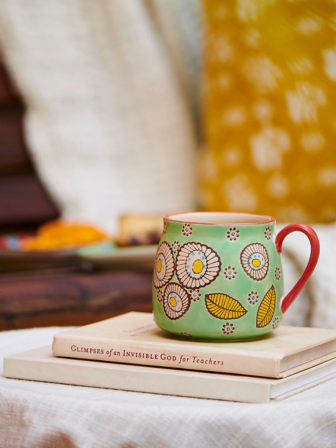 Chumbak Teal Green & Yellow Printed Ceramic Glossy Cup-image-45