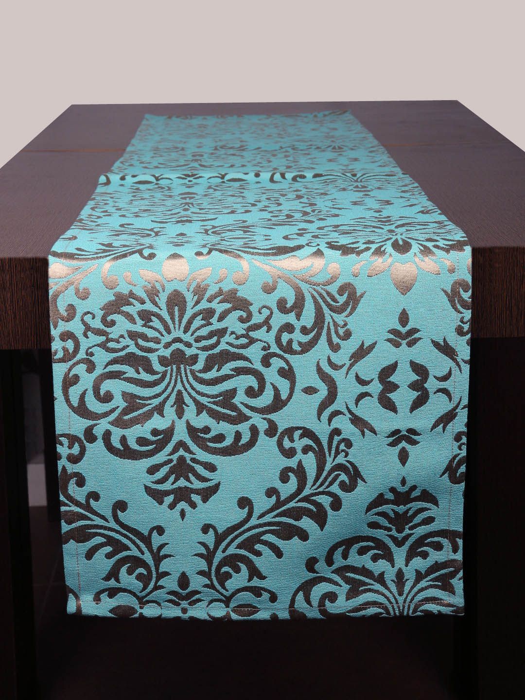 Home Turquoise Blue & Gold-Coloured Woven Damask Table Runner-image-43