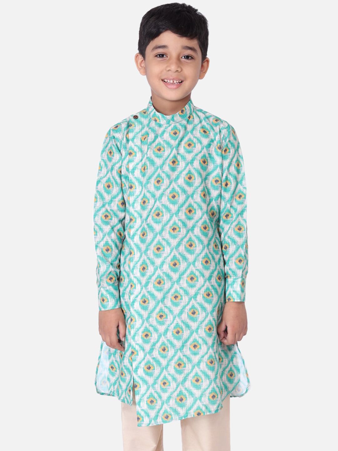TABARD Boys Green & White Geometric Printed Thread Work Kurta-picture-20