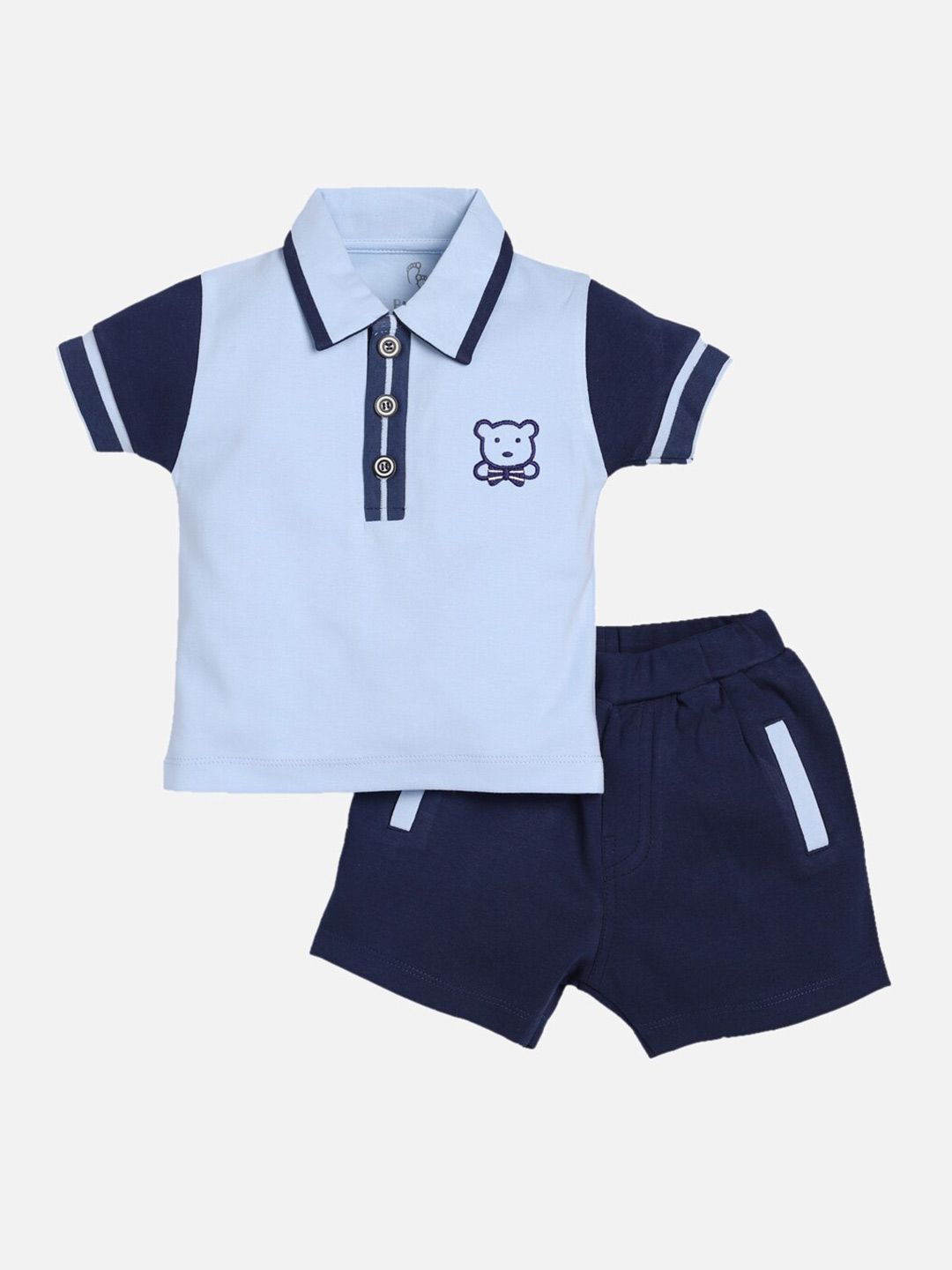 BABY GO Boys Blue Colourblocked Cotton T-shirt with Shorts-image-1
